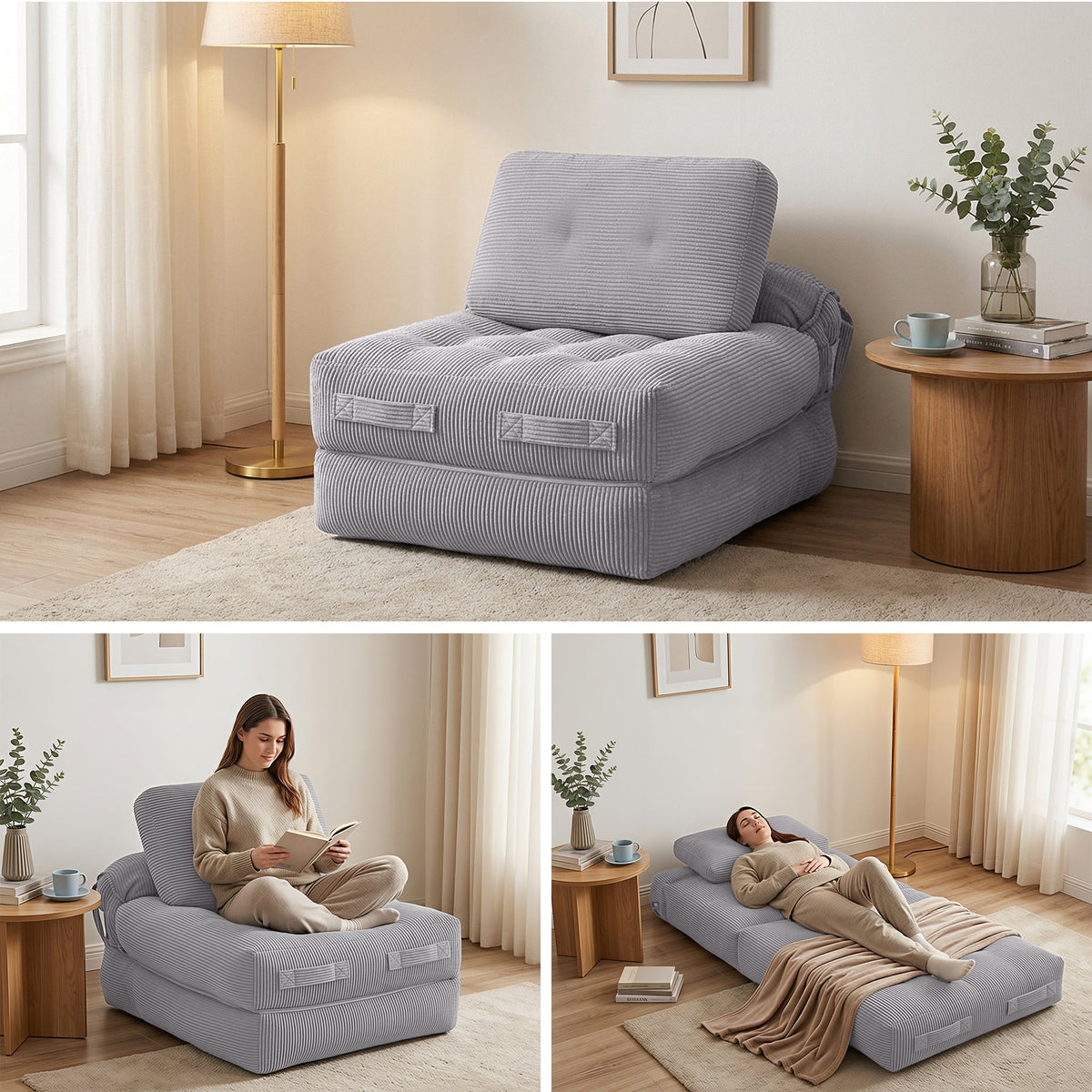 1 Seater Corduroy Convertible Sofa Bed Pull Out Boneless Couch Grey - Furniture > Sofas > Sofas & Sofa Beds - Rivercity House & Home Co. (ABN 18 642 972 209) - Affordable Modern Furniture Australia
