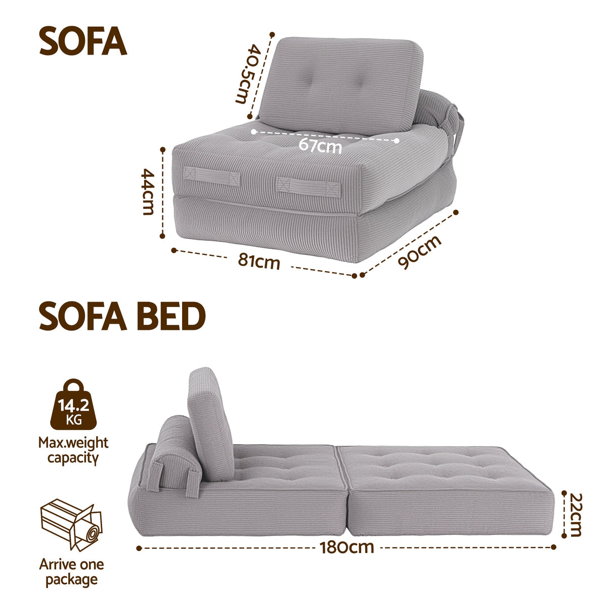 1 Seater Corduroy Convertible Sofa Bed Pull Out Boneless Couch Grey - Furniture > Sofas > Sofas & Sofa Beds - Rivercity House & Home Co. (ABN 18 642 972 209) - Affordable Modern Furniture Australia