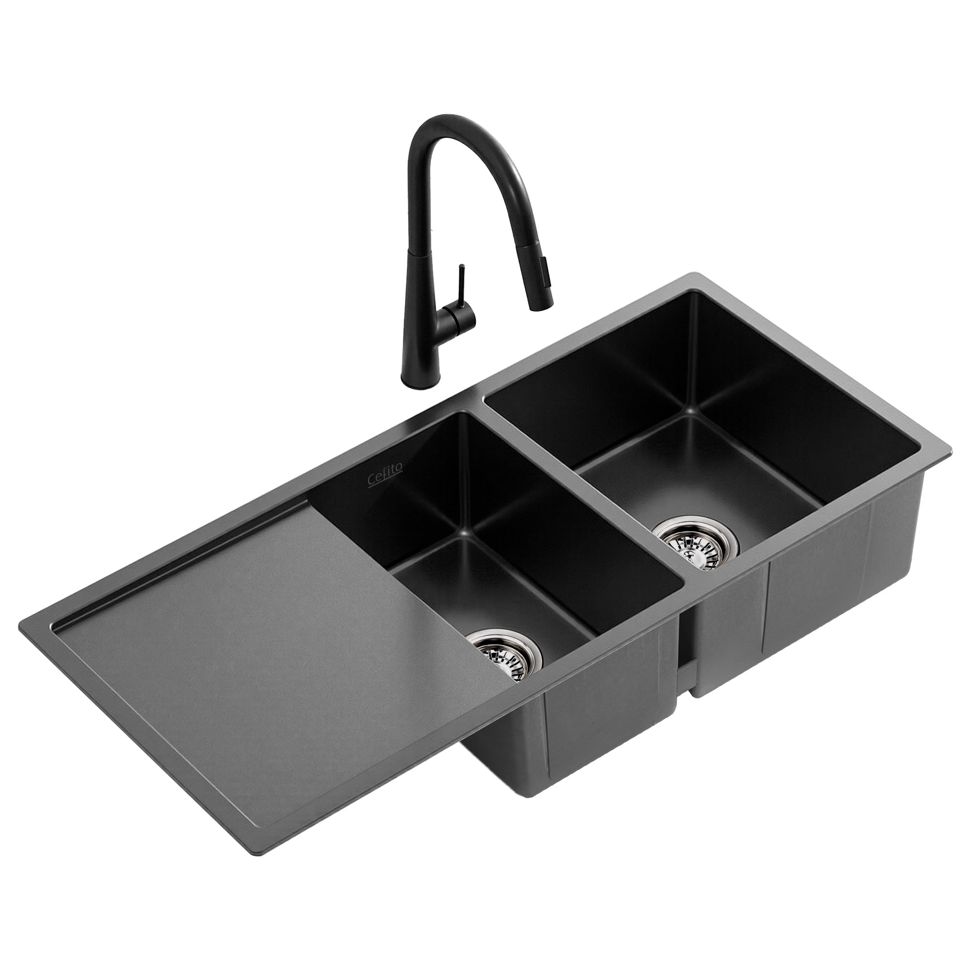 100x45cm Stainless Steel Double Bowl Kitchen Sink with Pull - Out Mixer Tap - Black - Furniture > Dining > Kitchen Sinks - Rivercity House & Home Co. (ABN 18 642 972 209) - Affordable Modern Furniture Australia