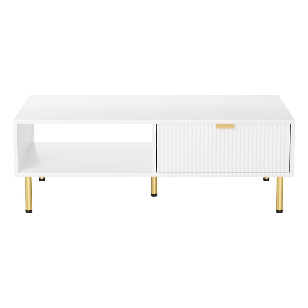 110cm White Coffee Table with Storage Drawer and Open Shelf - White & Gold - Rivercity House & Home Co. (ABN 18 642 972 209) - Affordable Modern Furniture Australia