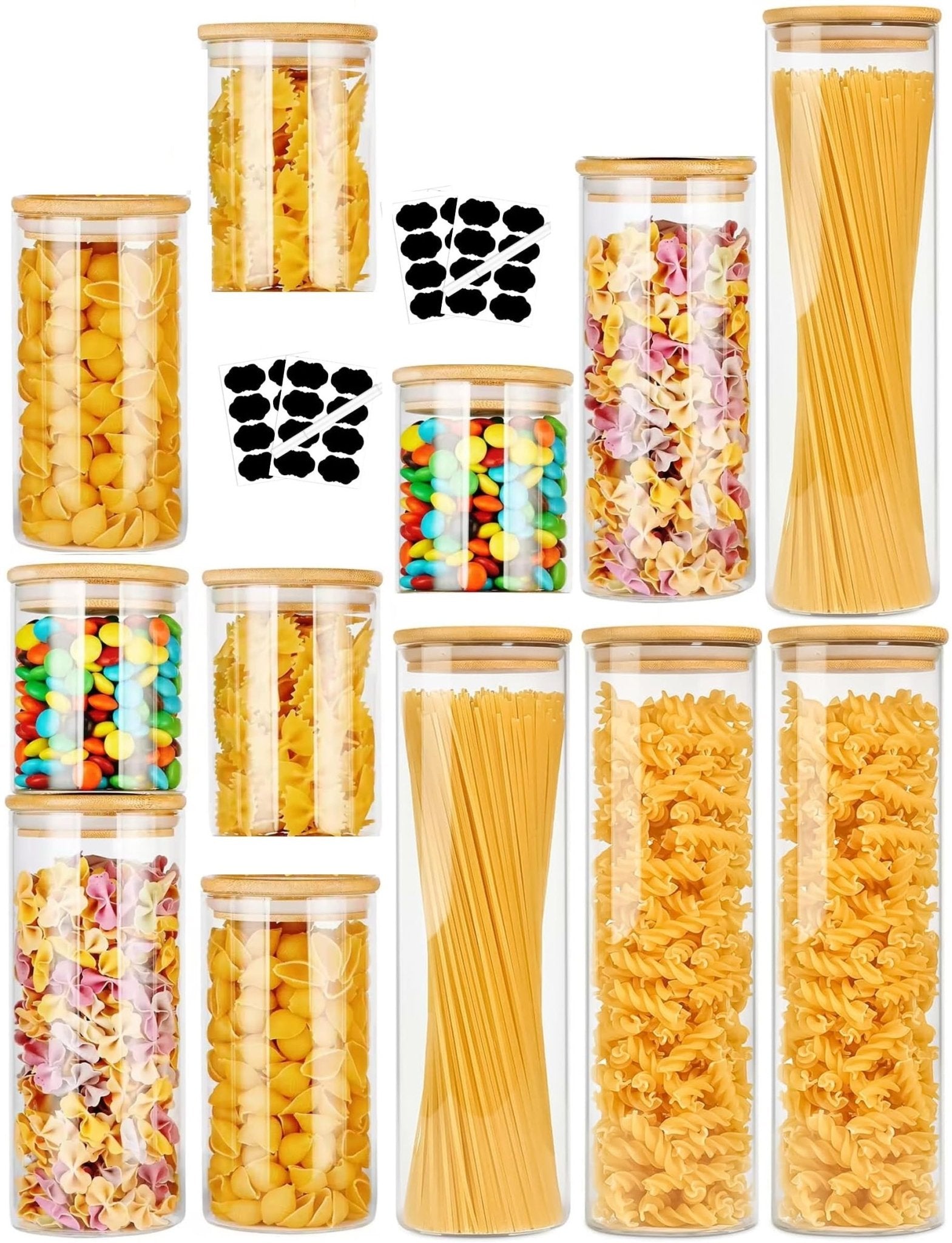 12 Pack Glass Storage Jars with Bamboo Lids for Kitchen Pantry, Pasta, Snacks, Cookies, Candy & More - Home & Garden > Kitchenware > Food Storage - Rivercity House & Home Co. (ABN 18 642 972 209) - Affordable Modern Furniture Australia