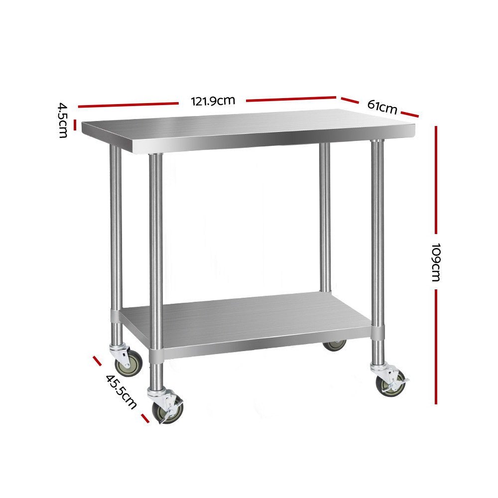 1219x610mm Stainless Steel Kitchen Bench with Wheels 304 - Furniture > Dining > Kitchen Sinks - Rivercity House & Home Co. (ABN 18 642 972 209) - Affordable Modern Furniture Australia
