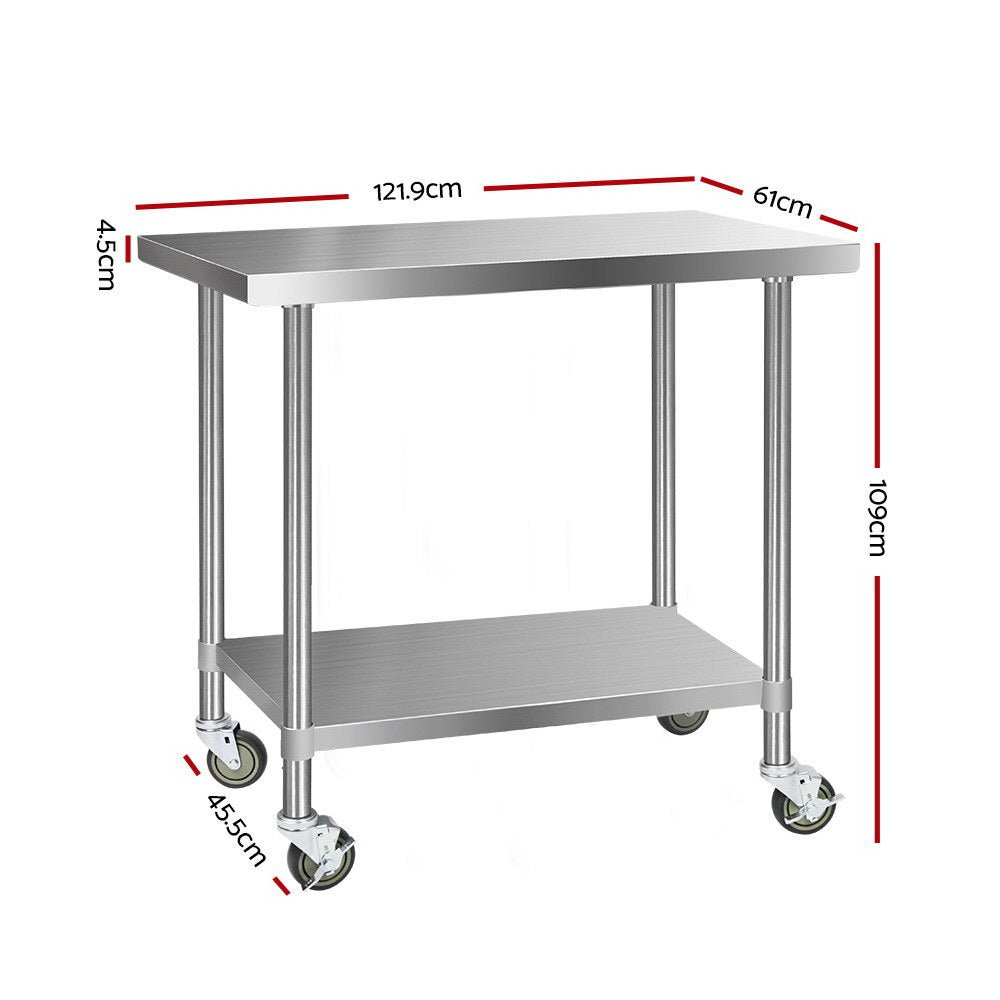 1219x610mm Stainless Steel Kitchen Bench with Wheels 430 - Furniture > Dining > Kitchen Sinks - Rivercity House & Home Co. (ABN 18 642 972 209) - Affordable Modern Furniture Australia