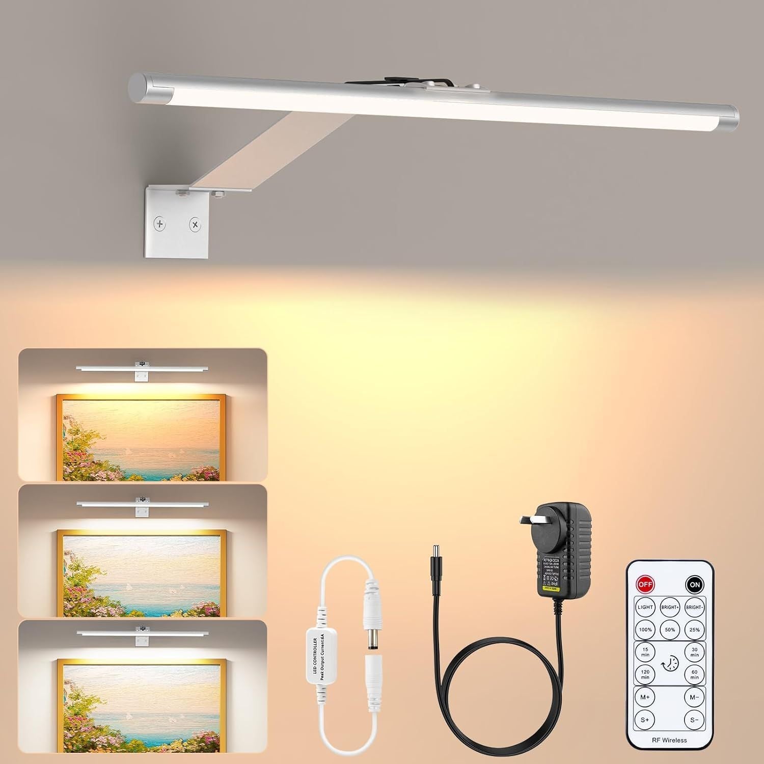 13.5in LED Picture Light for Wall Plug-In or Hardwired with Remote, 3000K Warm White Dimmable Timer - Silver - Home & Garden > Lighting > Wall Lights - Rivercity House & Home Co. (ABN 18 642 972 209) - Affordable Modern Furniture Australia