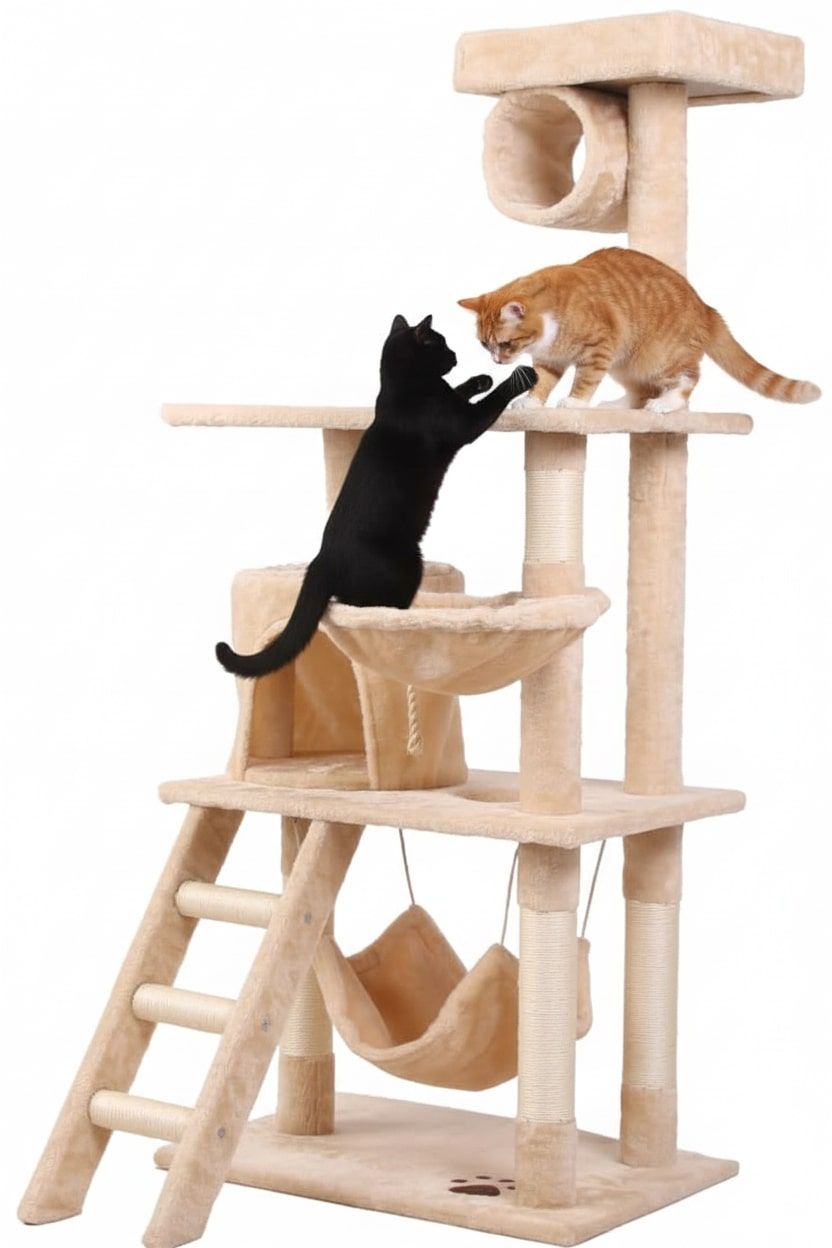 141cm Indoor Cat Tree Tower with Plush Perch, Ladder, Sisal Scratching Posts, Hammock & Condo for Kittens & Adult Cats - Beige - Pet Care > Cat Supplies > Cat Scratching Posts - Rivercity House & Home Co. (ABN 18 642 972 209) - Affordable Modern Furniture Australia