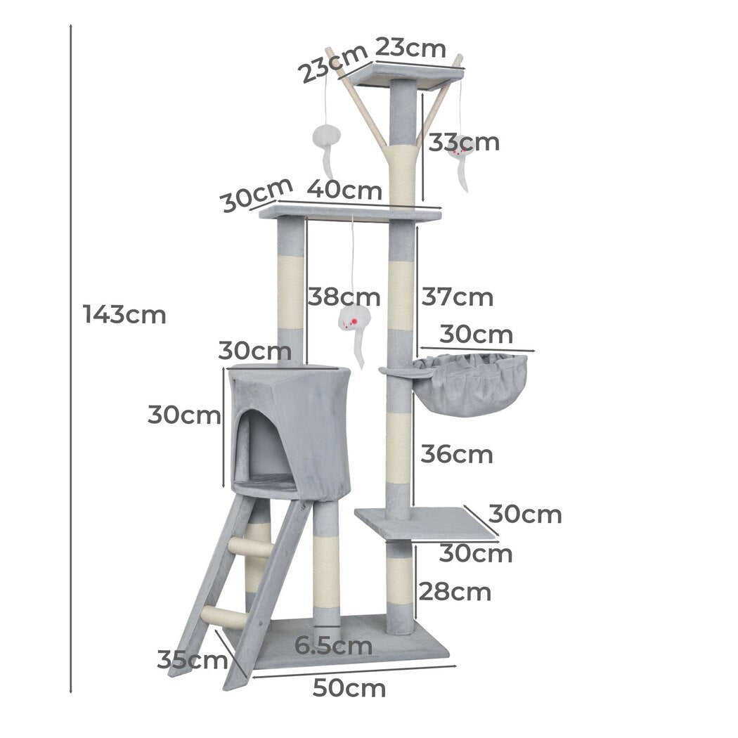 143cm Multi - Level Cat Tree Scratching Post with Lounging Platforms - Grey - Rivercity House & Home Co. (ABN 18 642 972 209) - Affordable Modern Furniture Australia
