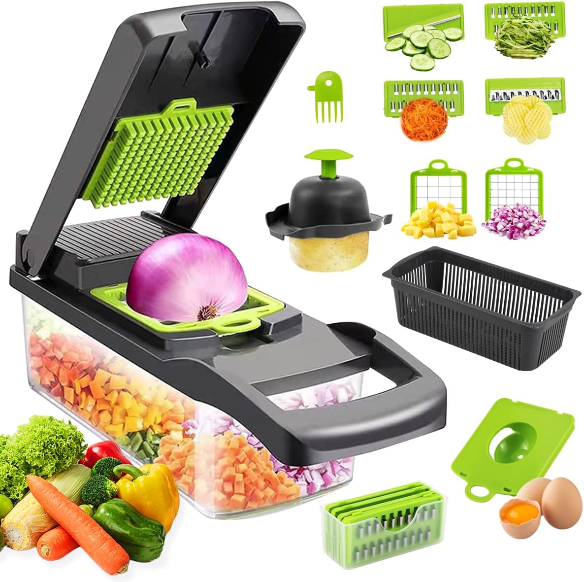 16 - in - 1 Multifunctional Mandoline Vegetable Chopper with Stainless Steel Blades, Storage Container & Hand Guard - White - Home & Garden > Artificial Plants > Pots, Planters & Accessories - Rivercity House & Home Co. (ABN 18 642 972 209) - Affordable Modern Furniture Australia