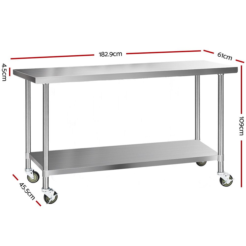 1829x610mm Stainless Steel Kitchen Bench with Wheels 304 - Furniture > Dining > Kitchen Sinks - Rivercity House & Home Co. (ABN 18 642 972 209) - Affordable Modern Furniture Australia