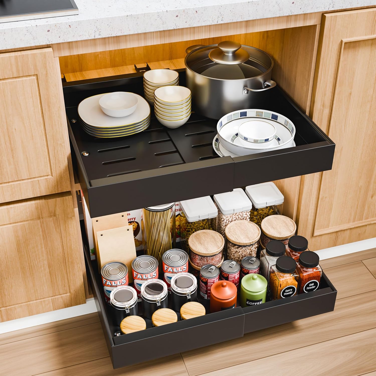 2 Pack Pull Out Cabinet Organizer Expandable for Cabinets with Adjustable Slide Out Shelves and Easy Installation (Black) - Home & Garden > DIY > Kitchen & Bathroom DIY - Rivercity House & Home Co. (ABN 18 642 972 209) - Affordable Modern Furniture Australia
