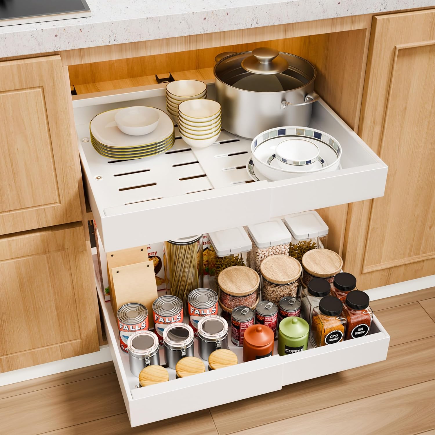 2 Pack Pull Out Cabinet Organizer Expandable for Cabinets with Adjustable Slide Out Shelves and Easy Installation (White) - Home & Garden > DIY > Kitchen & Bathroom DIY - Rivercity House & Home Co. (ABN 18 642 972 209) - Affordable Modern Furniture Australia