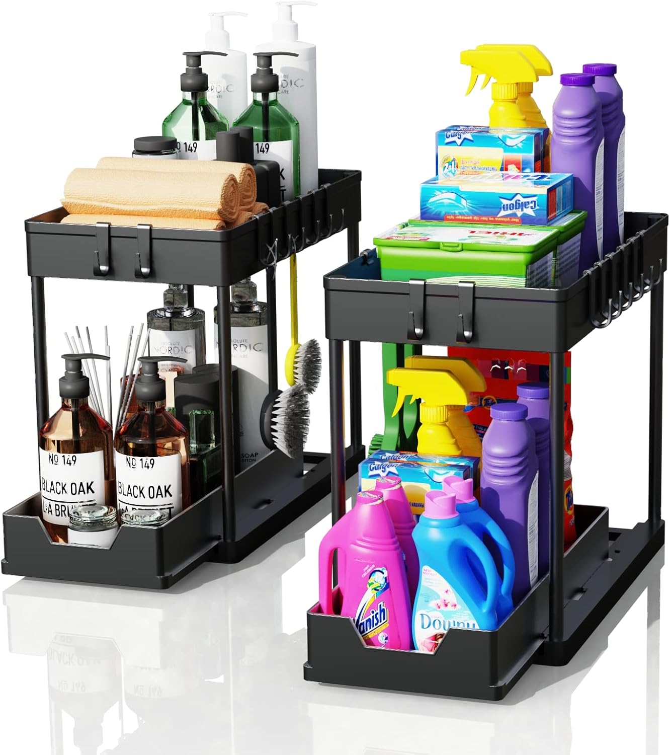 2 Pack Under Sink Organiser with Pull - Out Basket and Hooks for Bathroom & Kitchen - White - Furniture > Bathroom > Tap & Sink Accessories - Rivercity House & Home Co. (ABN 18 642 972 209) - Affordable Modern Furniture Australia