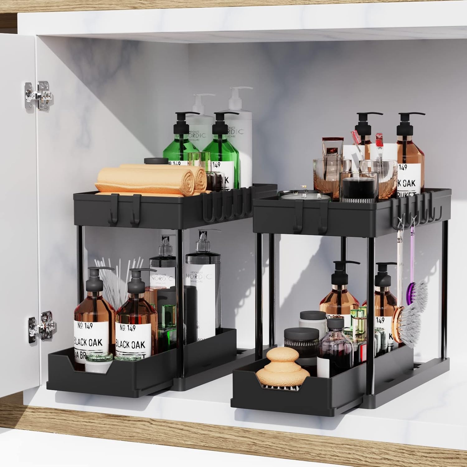 2 Pack Under Sink Organiser with Pull - Out Basket and Hooks for Bathroom & Kitchen - White - Furniture > Bathroom > Tap & Sink Accessories - Rivercity House & Home Co. (ABN 18 642 972 209) - Affordable Modern Furniture Australia
