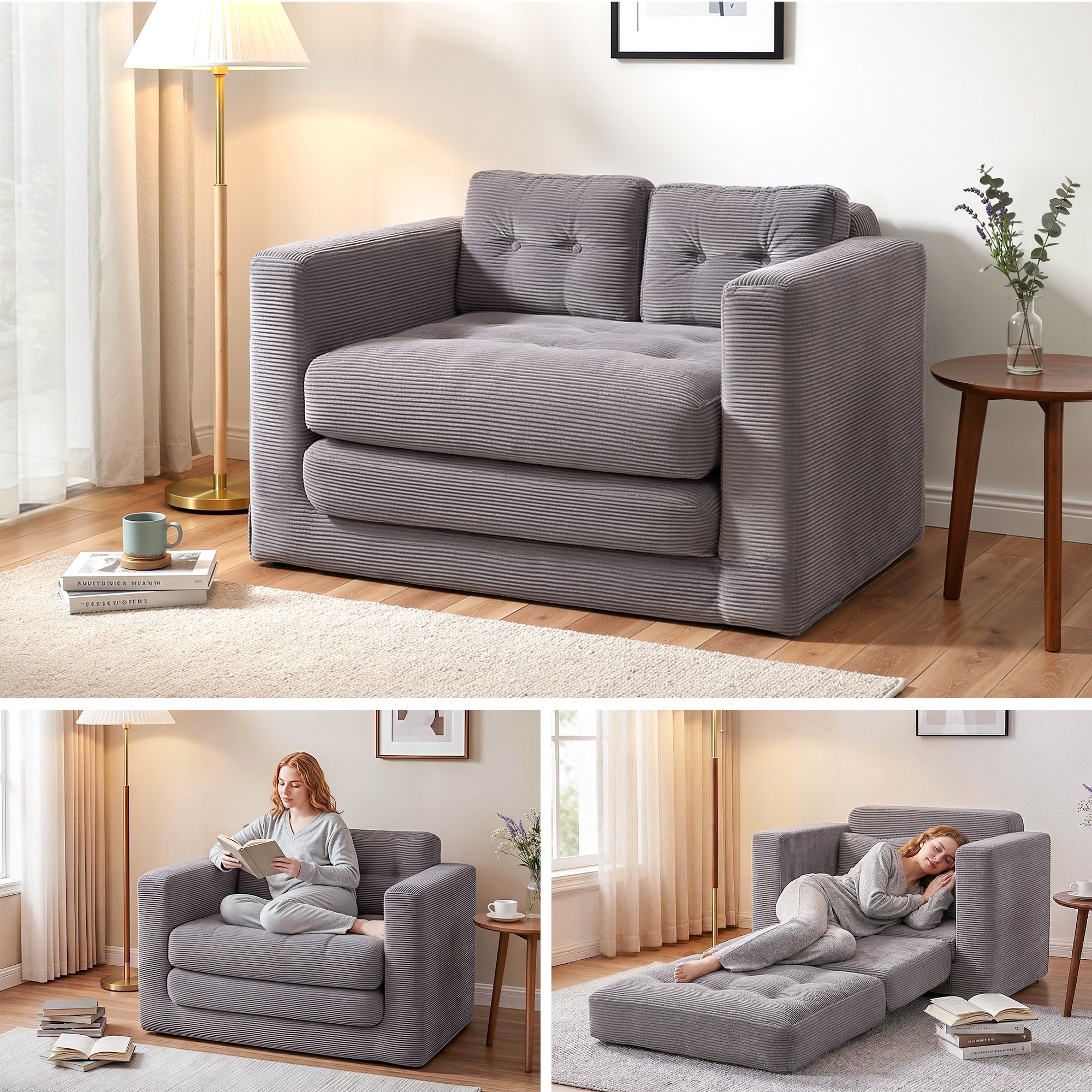 2 Seater Corduroy Convertible Sofa Bed Pull Out Boneless Couch Grey - Furniture > Sofas > Sofas & Sofa Beds - Rivercity House & Home Co. (ABN 18 642 972 209) - Affordable Modern Furniture Australia