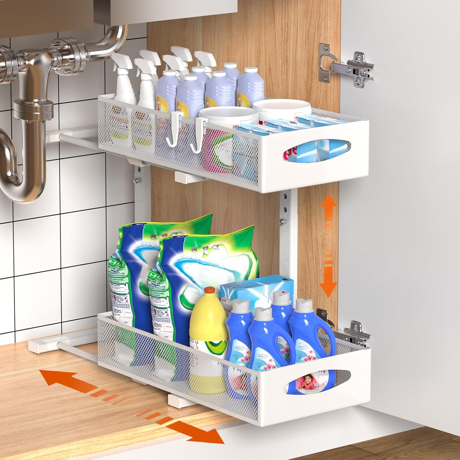 2 Tier Adjustable Height Under Sink Sliding Organiser Cabinet Shelf - White - Furniture > Bathroom > Bathroom Cabinets, Cupboards & Storage - Rivercity House & Home Co. (ABN 18 642 972 209) - Affordable Modern Furniture Australia