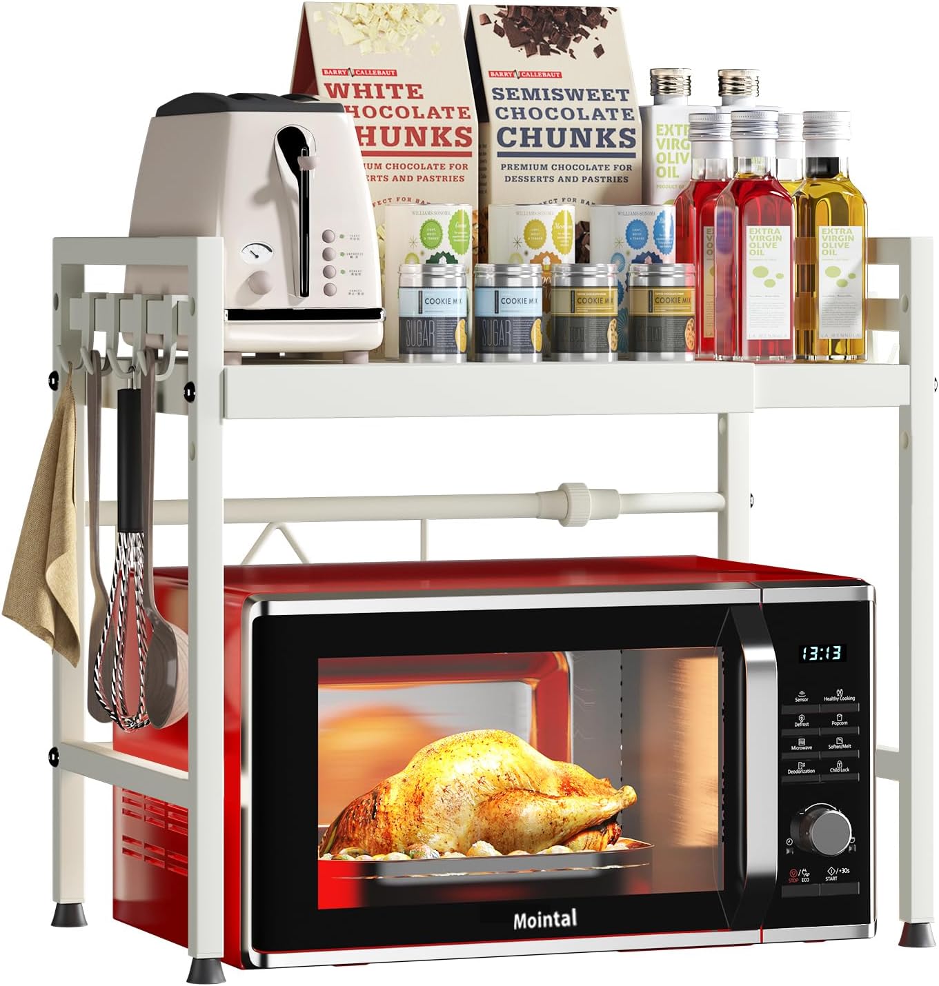 2 - Tier Adjustable Metal Microwave Oven Rack with 6 Utensil Hooks for Countertop Storage - White - Appliances > Kitchen Appliances > Microwave Ovens - Rivercity House & Home Co. (ABN 18 642 972 209) - Affordable Modern Furniture Australia