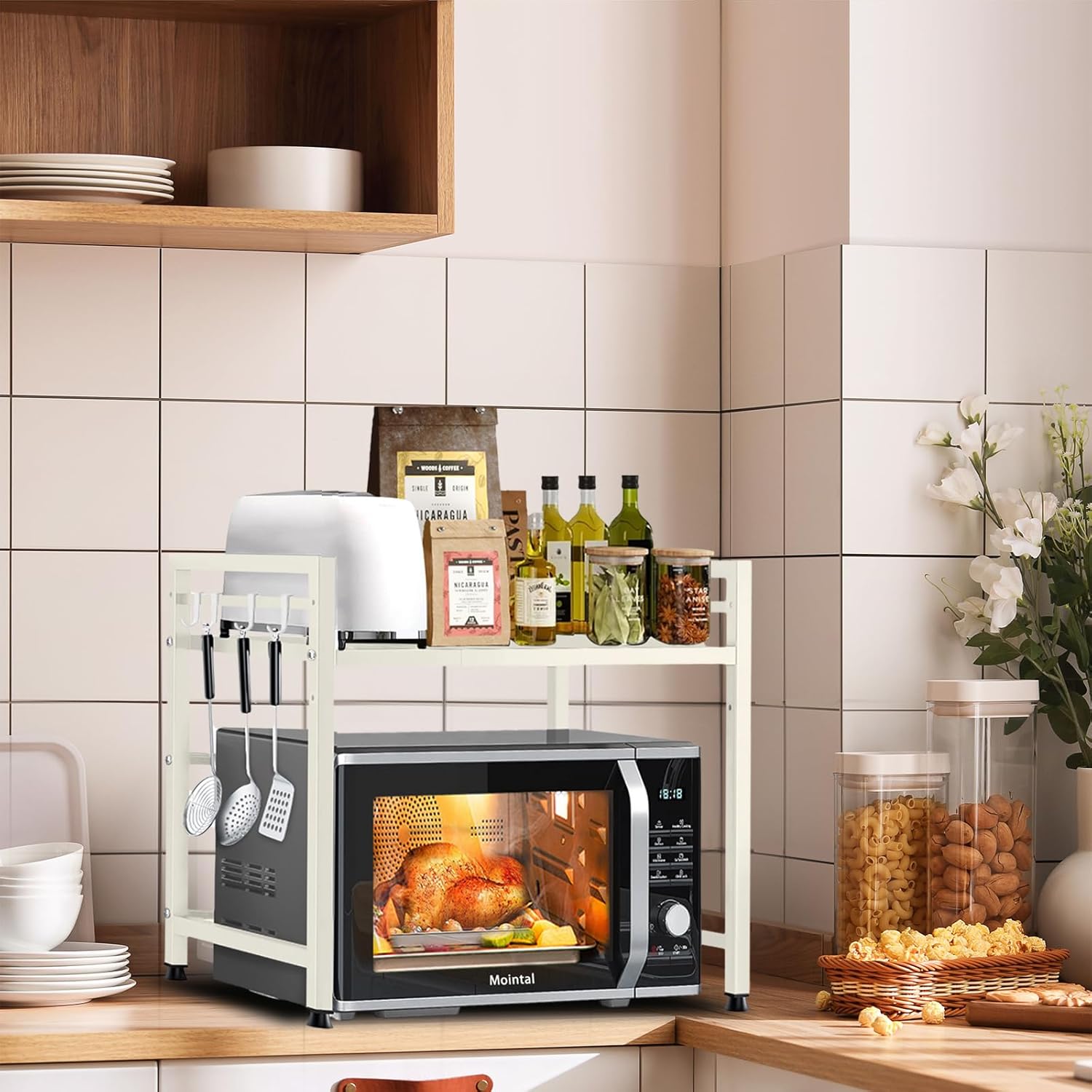 2 - Tier Adjustable Metal Microwave Oven Rack with 6 Utensil Hooks for Countertop Storage - White - Appliances > Kitchen Appliances > Microwave Ovens - Rivercity House & Home Co. (ABN 18 642 972 209) - Affordable Modern Furniture Australia