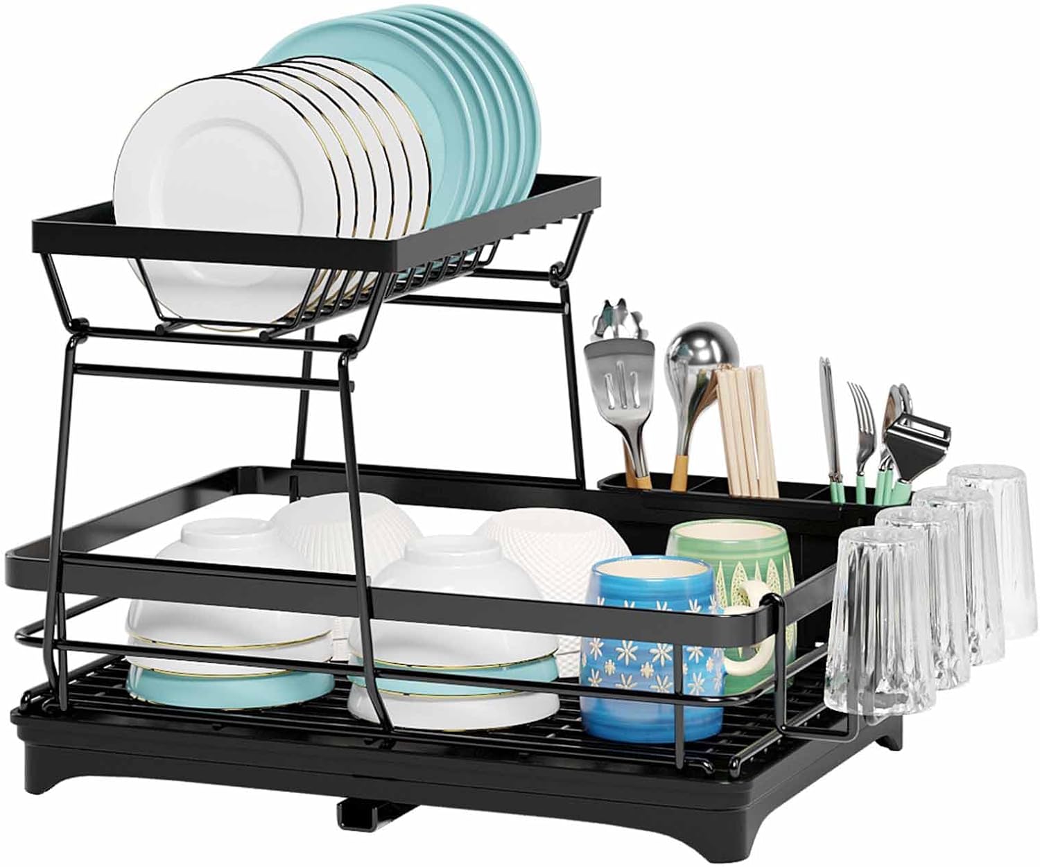 2 - Tier Dish Drying Rack for Kitchen Counter with Drainboard, Utensil Holder, Cup Rack & Cutlery Organizer - Home & Garden > Kitchenware > Dish Racks - Rivercity House & Home Co. (ABN 18 642 972 209) - Affordable Modern Furniture Australia