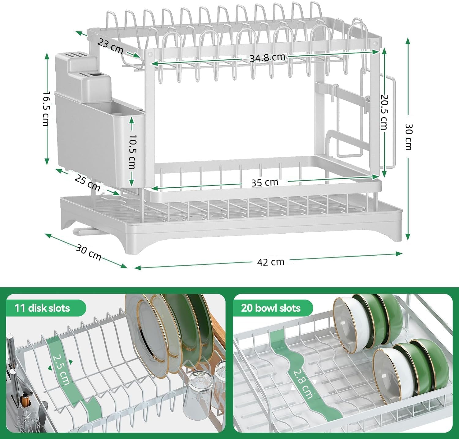 2 - Tier Dish Drying Rack with Drainage Tray, Utensil Holder, Cup Hooks & Cutting Board Slot for Countertop Kitchen Storage (White) - Home & Garden > Kitchenware > Dish Racks - Rivercity House & Home Co. (ABN 18 642 972 209) - Affordable Modern Furniture Australia
