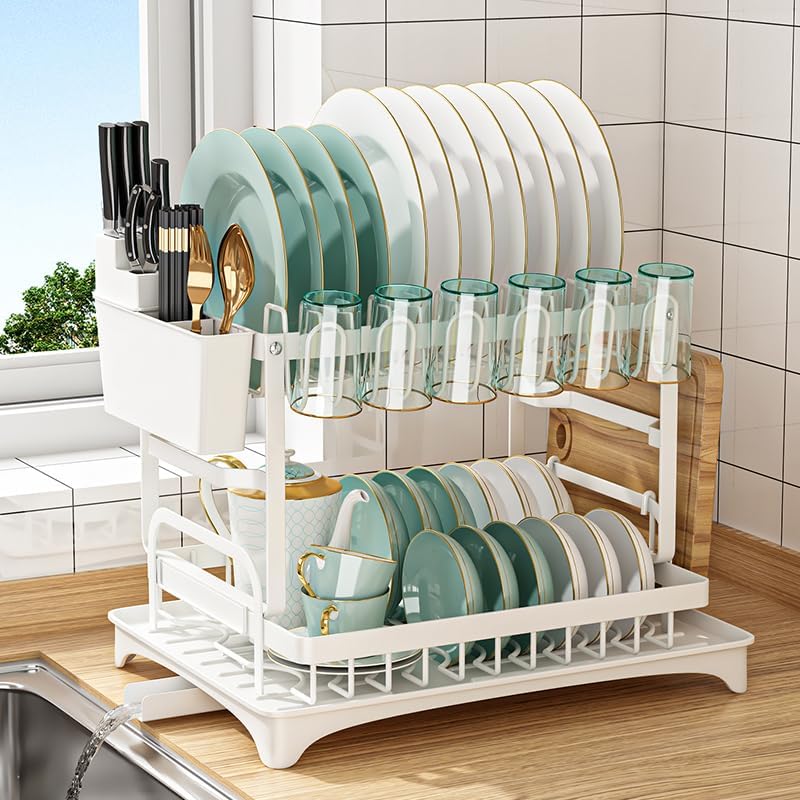 2 - Tier Dish Drying Rack with Drainage Tray, Utensil Holder, Cup Hooks & Cutting Board Slot for Countertop Kitchen Storage (White) - Home & Garden > Kitchenware > Dish Racks - Rivercity House & Home Co. (ABN 18 642 972 209) - Affordable Modern Furniture Australia