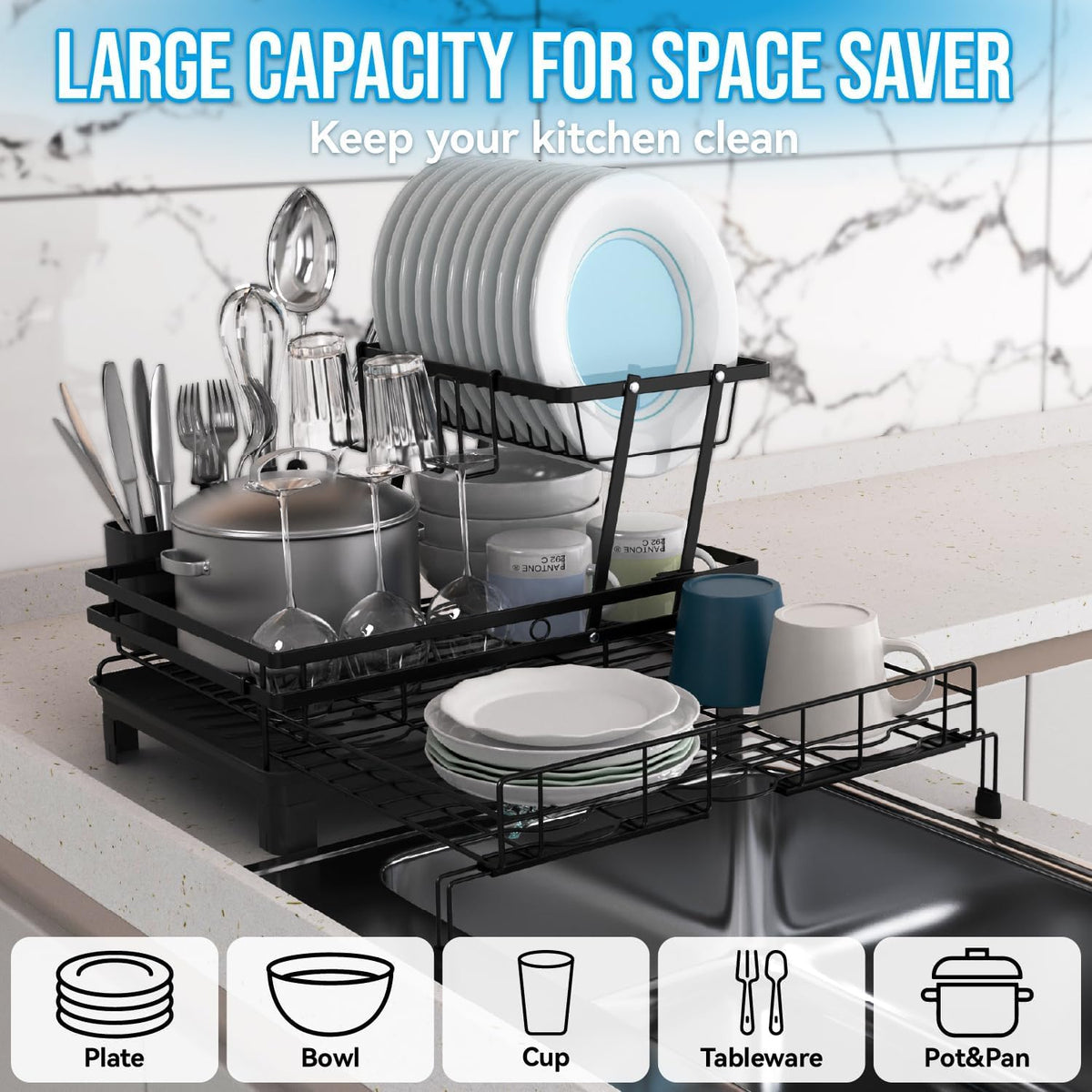 2 - Tier Expandable Dish Drying Rack with Drainage Spout, Utensil Holder & Drainboard for Kitchen Countertop Organiser - Black - Home & Garden > Kitchenware > Dish Racks - Rivercity House & Home Co. (ABN 18 642 972 209) - Affordable Modern Furniture Australia