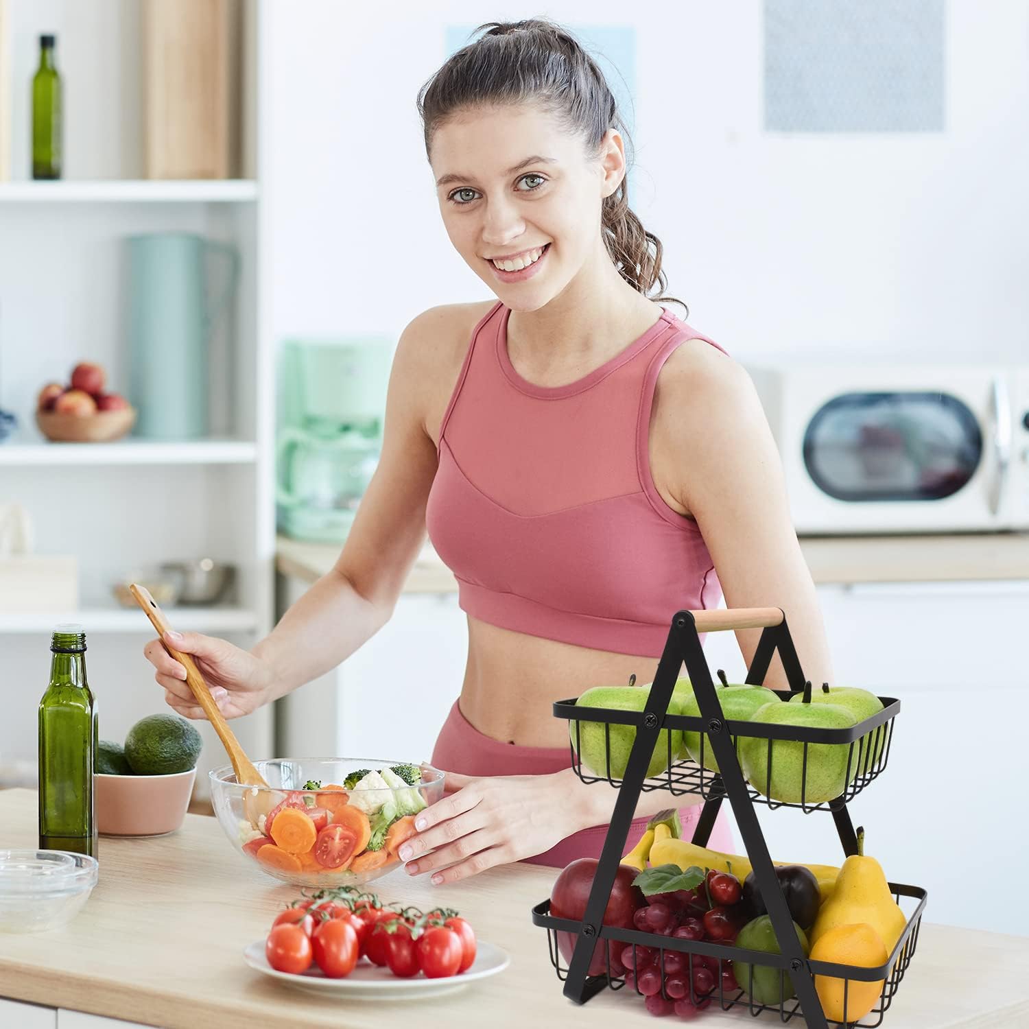 2 - Tier Fruit Basket Stand for Kitchen Countertop for Fruits, Vegetables, Bread & Snacks with Wooden Handle - Appliances > Kitchen Appliances > Kitchen Appliance Accessories - Rivercity House & Home Co. (ABN 18 642 972 209) - Affordable Modern Furniture Australia