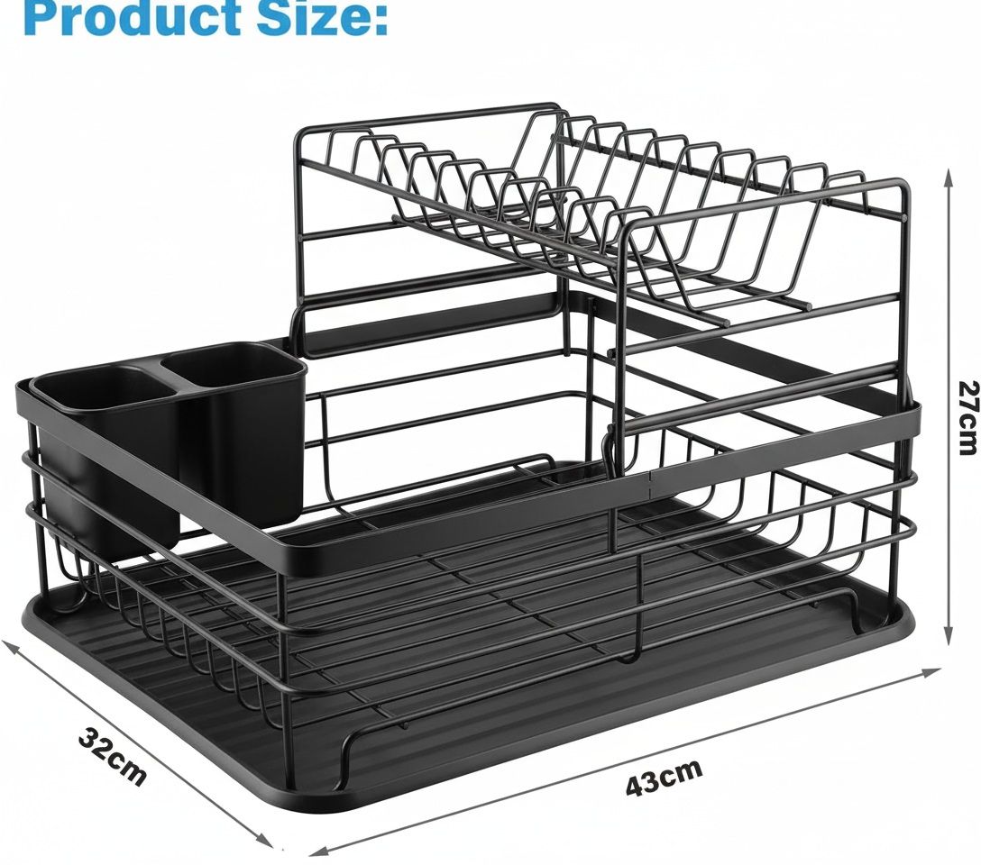 2 - Tier Kitchen Counter Dish Drying Rack with Removable Drip Tray, Utensil Holder & Cutlery Organiser - Black - Home & Garden > Kitchenware > Dish Racks - Rivercity House & Home Co. (ABN 18 642 972 209) - Affordable Modern Furniture Australia