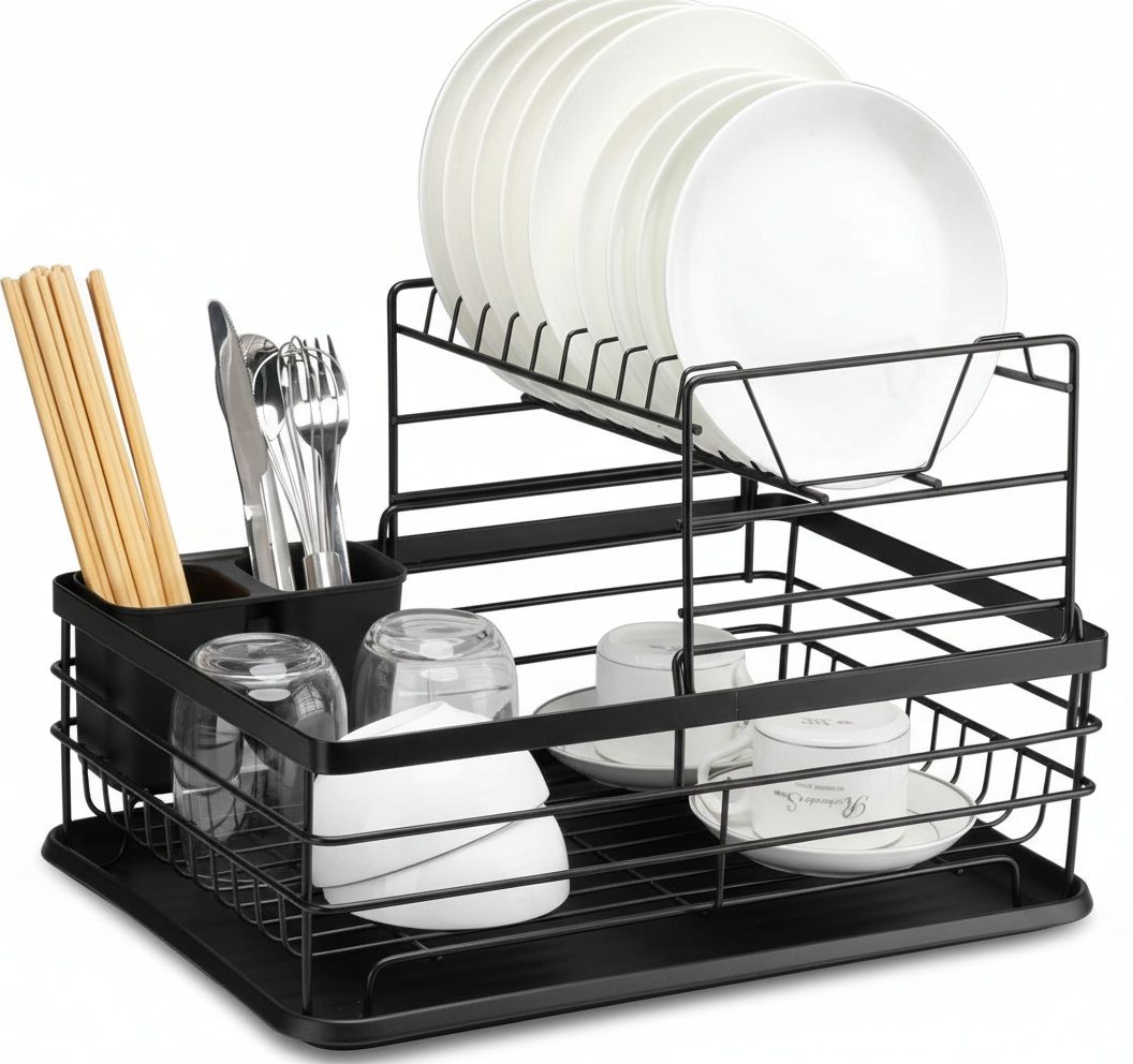 2 - Tier Kitchen Counter Dish Drying Rack with Removable Drip Tray, Utensil Holder & Cutlery Organiser - Black - Home & Garden > Kitchenware > Dish Racks - Rivercity House & Home Co. (ABN 18 642 972 209) - Affordable Modern Furniture Australia