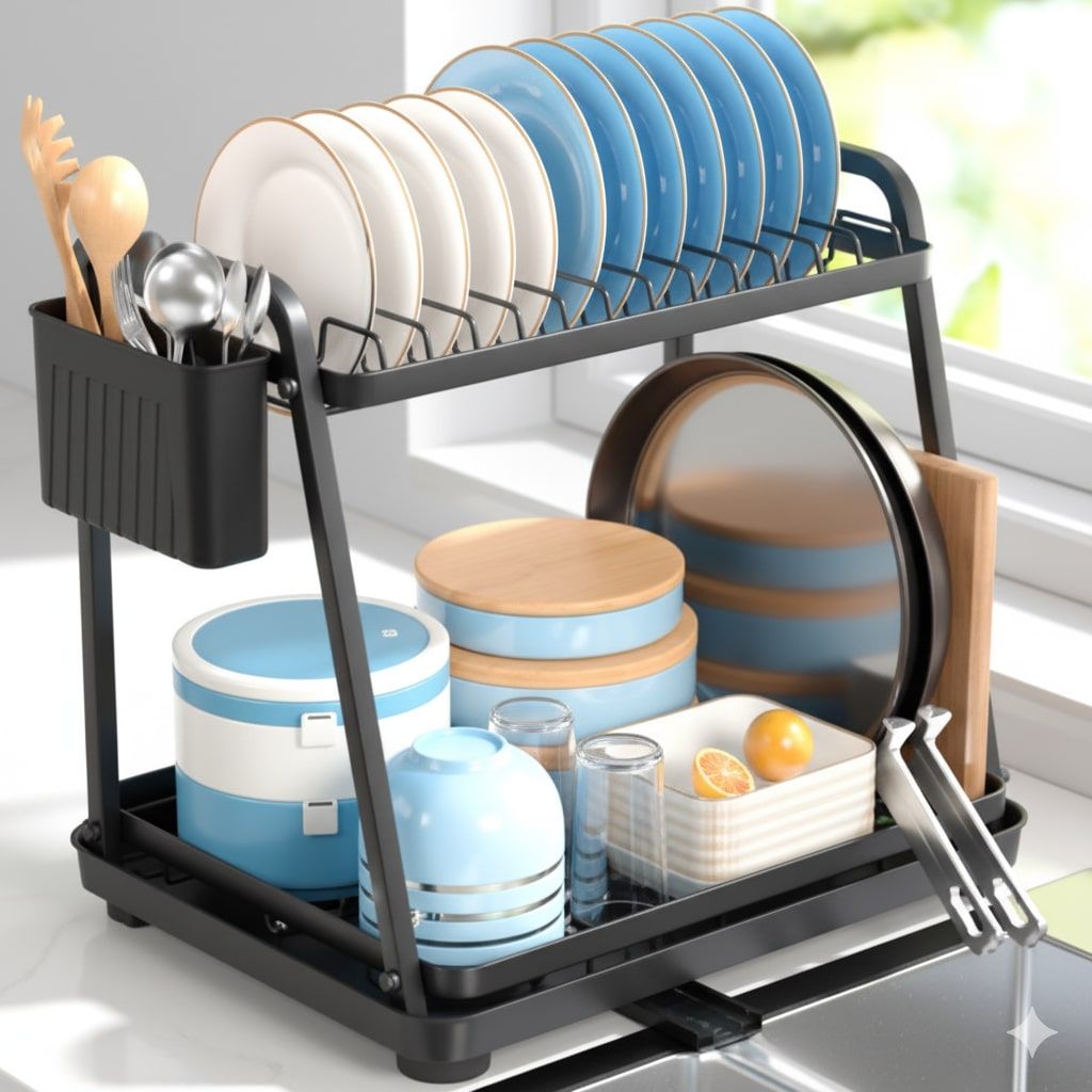 2 - Tier Kitchen Countertop Dish Drying Rack with Drainage Tray, Utensil Holder, Cutting Board Slot & Cup Hooks - Steel - Home & Garden > Kitchenware > Dish Racks - Rivercity House & Home Co. (ABN 18 642 972 209) - Affordable Modern Furniture Australia