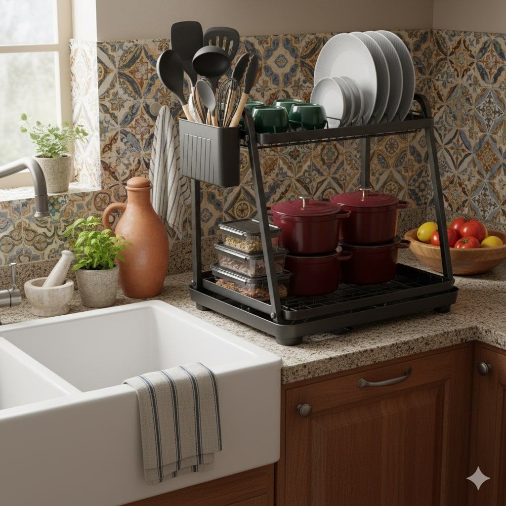 2 - Tier Kitchen Countertop Dish Drying Rack with Drainage Tray, Utensil Holder, Cutting Board Slot & Cup Hooks - Steel - Home & Garden > Kitchenware > Dish Racks - Rivercity House & Home Co. (ABN 18 642 972 209) - Affordable Modern Furniture Australia