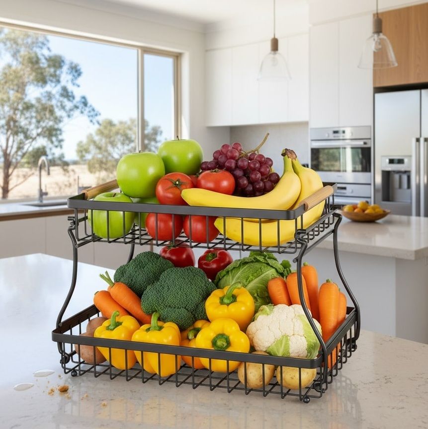 2 - Tier Metal Fruit Basket Kitchen Counter Organiser with Handles for Fruits & Vegetables - Black - Home & Garden > Kitchenware > Food Storage - Rivercity House & Home Co. (ABN 18 642 972 209) - Affordable Modern Furniture Australia