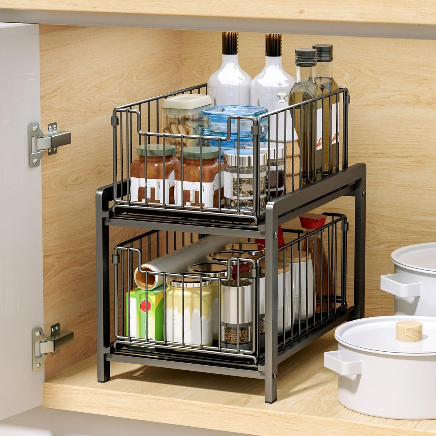 2 Tier Sliding Cabinet Organiser Drawer Storage Rack for Kitchen or Bathroom - Metal - Furniture > Bathroom > Bathroom Cabinets, Cupboards & Storage - Rivercity House & Home Co. (ABN 18 642 972 209) - Affordable Modern Furniture Australia