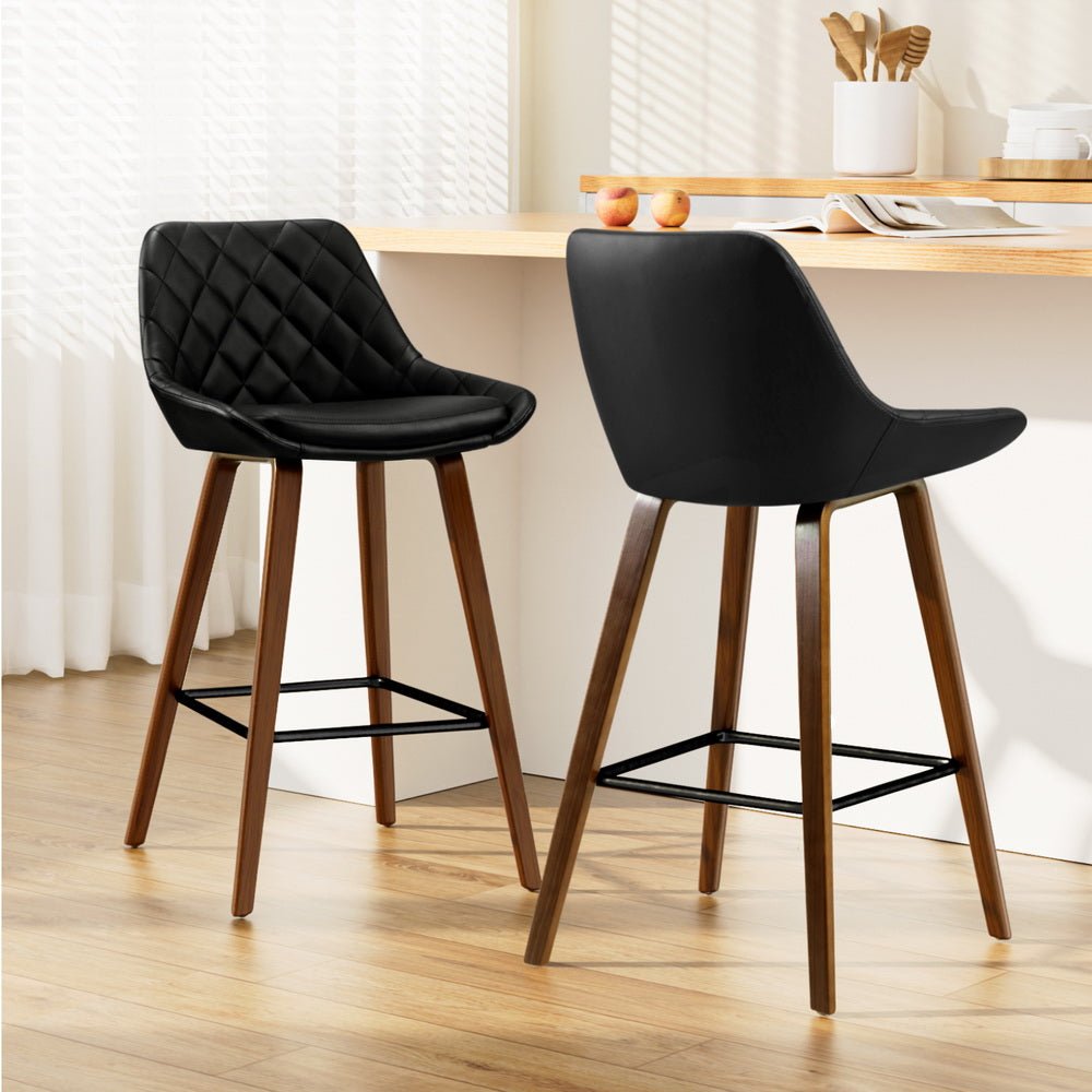 2 x Bar Stools Bentwood PU Leather Diamond Pleat - Black - Rivercity House & Home Co. (ABN 18 642 972 209) - Affordable Modern Furniture Australia
