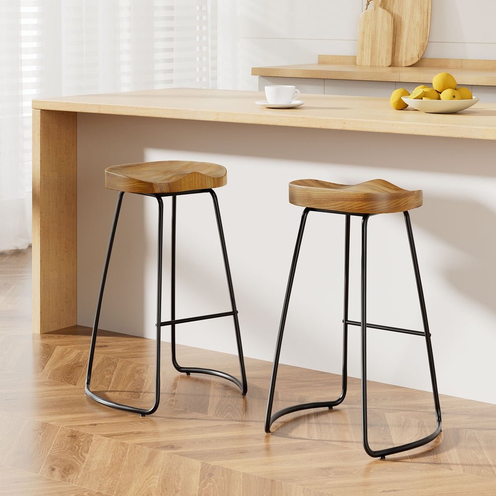 2 x Elm Wood Backless Bar Stools 75cm - Black and Light Natural - Rivercity House & Home Co. (ABN 18 642 972 209) - Affordable Modern Furniture Australia