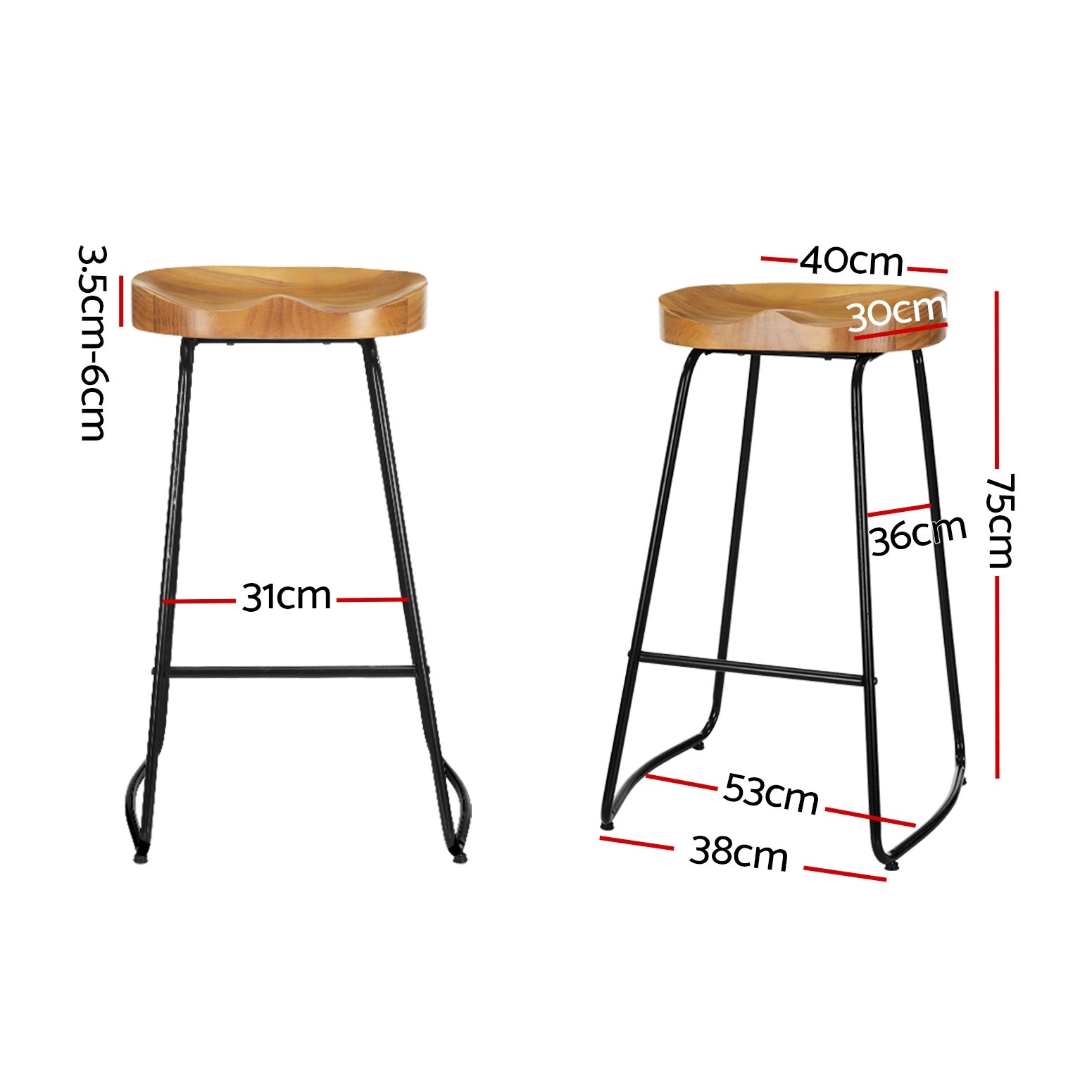 2 x Elm Wood Backless Bar Stools 75cm - Black and Light Natural - Rivercity House & Home Co. (ABN 18 642 972 209) - Affordable Modern Furniture Australia