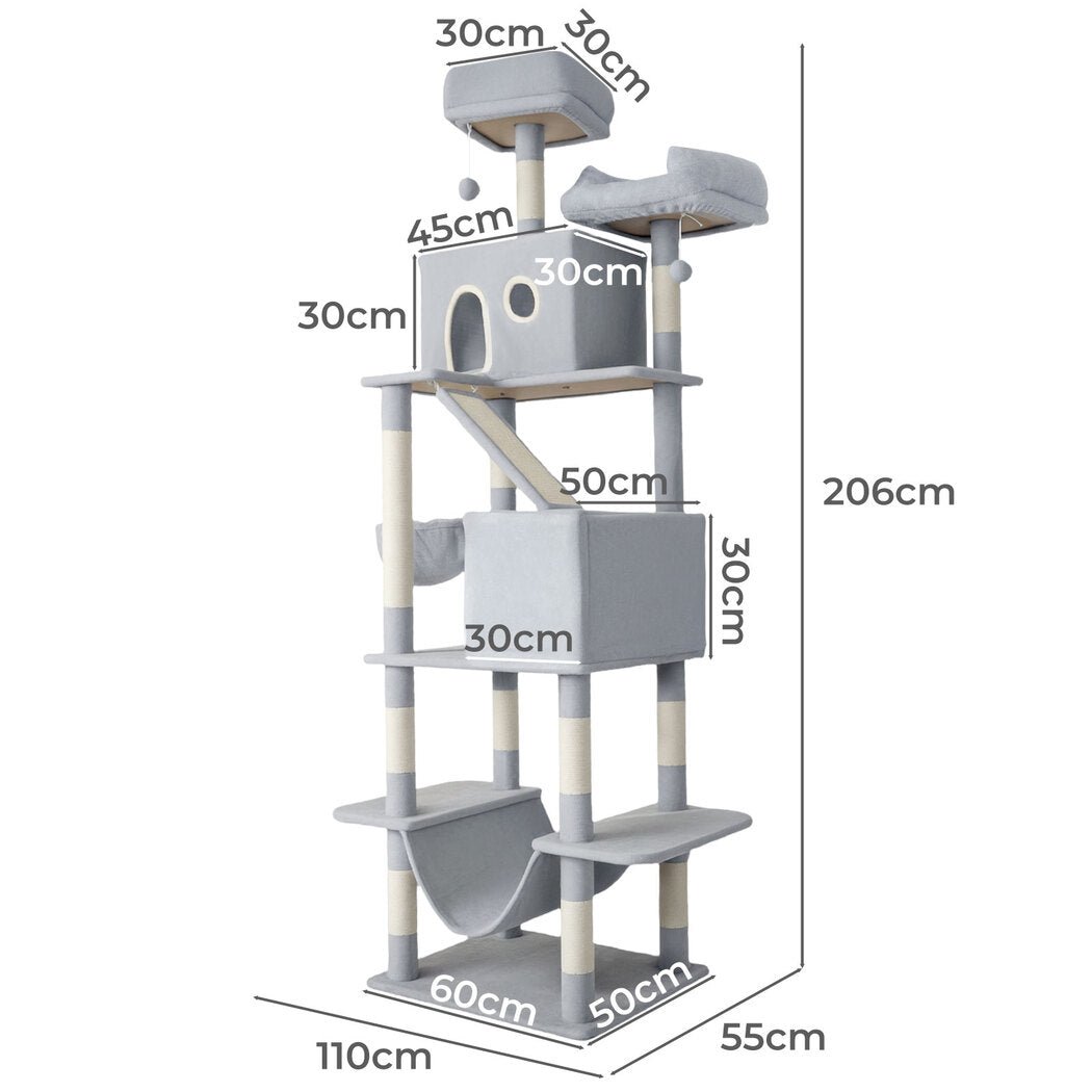 206cm Multi - Level Cat Tree Scratching Post with Climbing - Silver Grey - Rivercity House & Home Co. (ABN 18 642 972 209) - Affordable Modern Furniture Australia