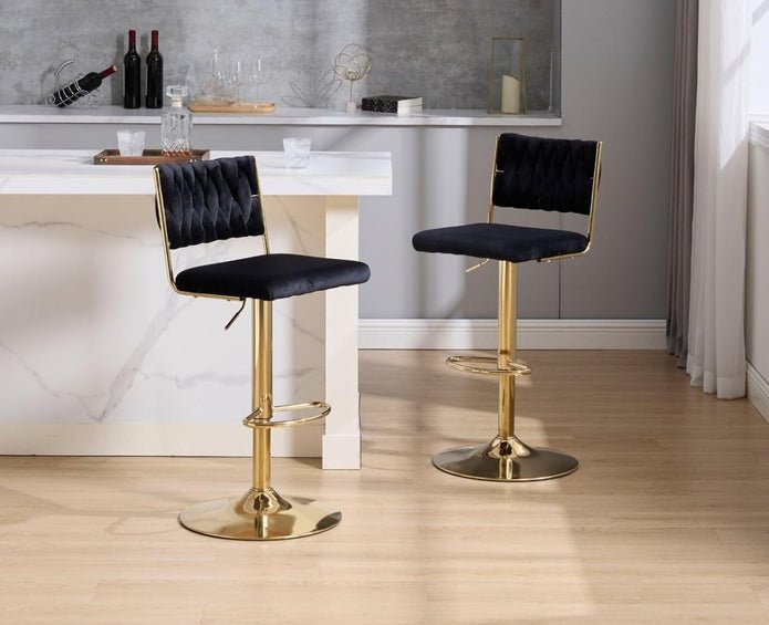 2x Adjustable Velvet Swivel Bar Stools with Braided Back and Gold Legs for Kitchen Island - Black - Furniture > Bar Stools & Chairs > Table & Bar Stools - Rivercity House & Home Co. (ABN 18 642 972 209) - Affordable Modern Furniture Australia