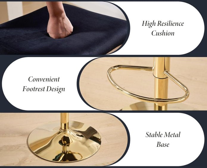 2x Adjustable Velvet Swivel Bar Stools with Braided Back and Gold Legs for Kitchen Island - Black - Furniture > Bar Stools & Chairs > Table & Bar Stools - Rivercity House & Home Co. (ABN 18 642 972 209) - Affordable Modern Furniture Australia