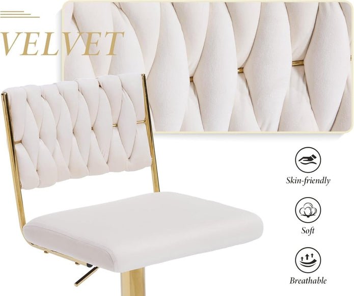 2x Adjustable Velvet Swivel Bar Stools with Braided Back and Gold Legs - White - Furniture > Bar Stools & Chairs > Table & Bar Stools - Rivercity House & Home Co. (ABN 18 642 972 209) - Affordable Modern Furniture Australia