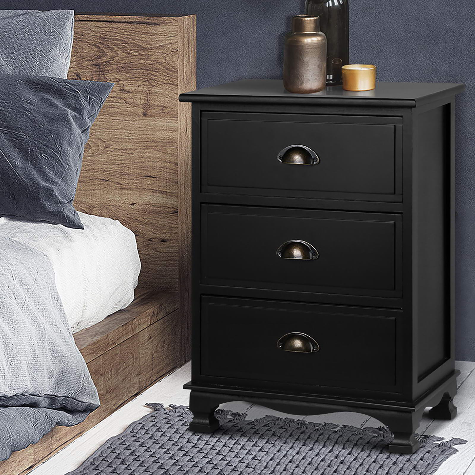 2x Bedside Table 3 Drawers Vintage - THYME Black - Furniture > Bedroom > Bedside Tables - Rivercity House & Home Co. (ABN 18 642 972 209) - Affordable Modern Furniture Australia