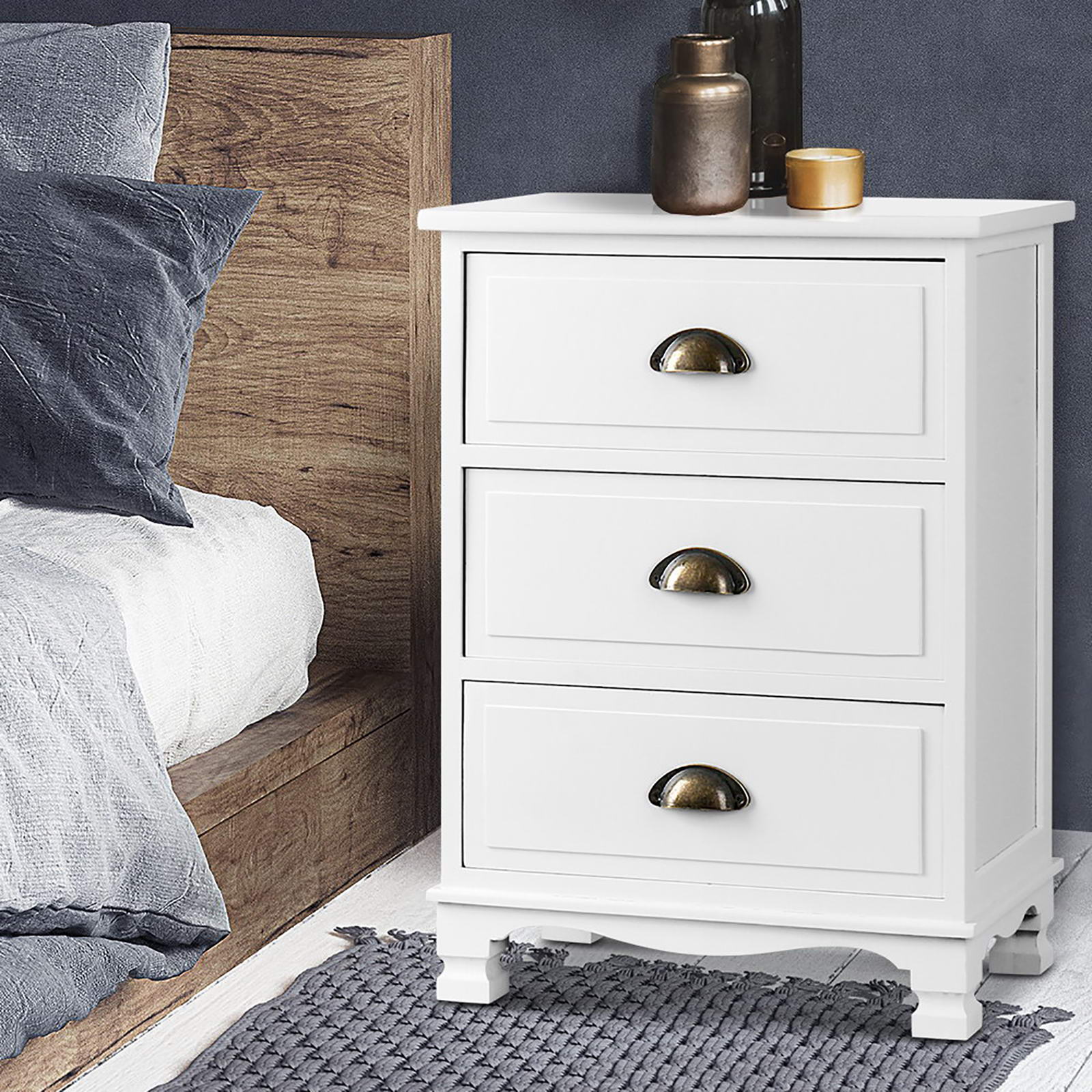 2x Bedside Table 3 Drawers Vintage - THYME White - Furniture > Bedroom > Bedside Tables - Rivercity House & Home Co. (ABN 18 642 972 209) - Affordable Modern Furniture Australia
