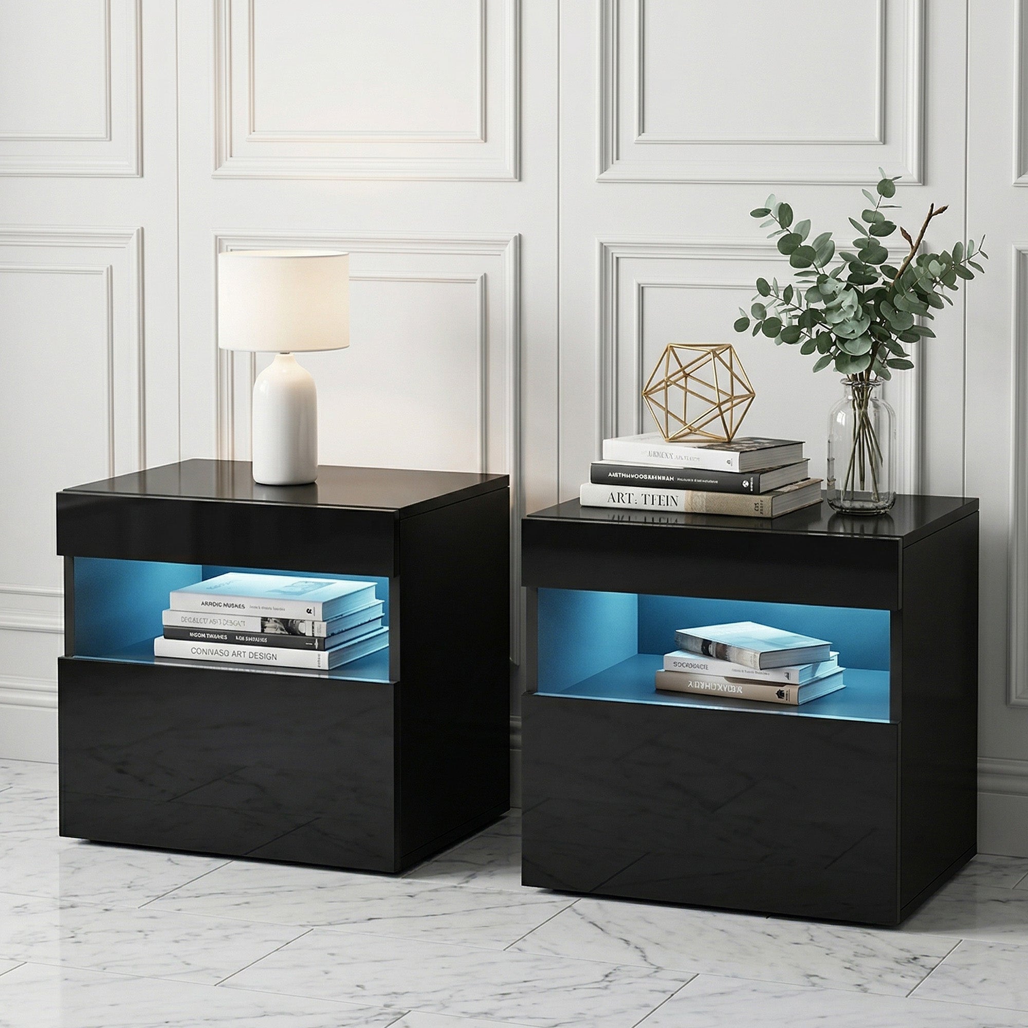 2x Bedside Table LED - HERES Black - Furniture > Bedroom > Bedside Tables - Rivercity House & Home Co. (ABN 18 642 972 209) - Affordable Modern Furniture Australia