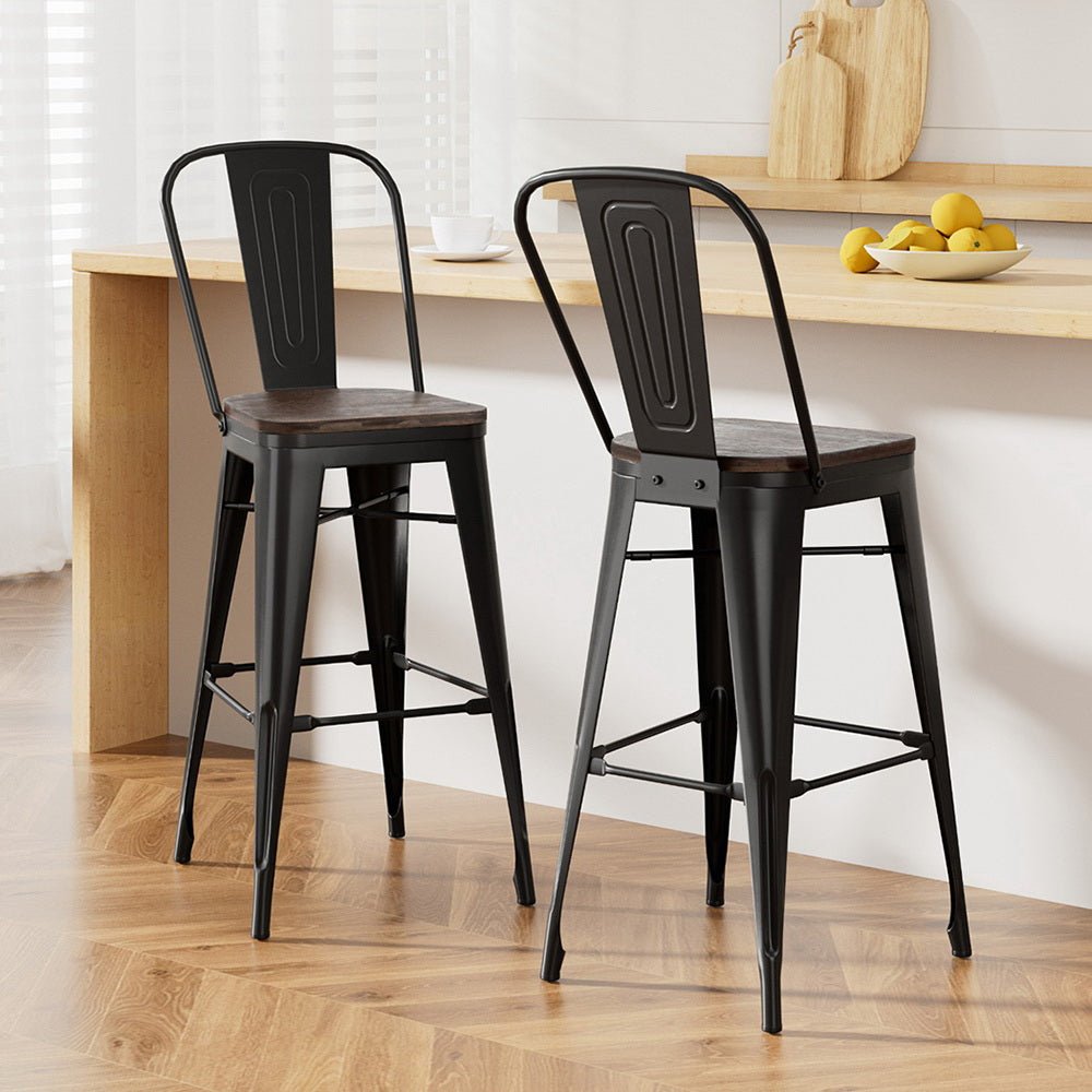 2x Metal Bar Stools Wooden Seat Retro Counter Stool - Furniture > Bar Stools & Chairs > Table & Bar Stools - Rivercity House & Home Co. (ABN 18 642 972 209) - Affordable Modern Furniture Australia