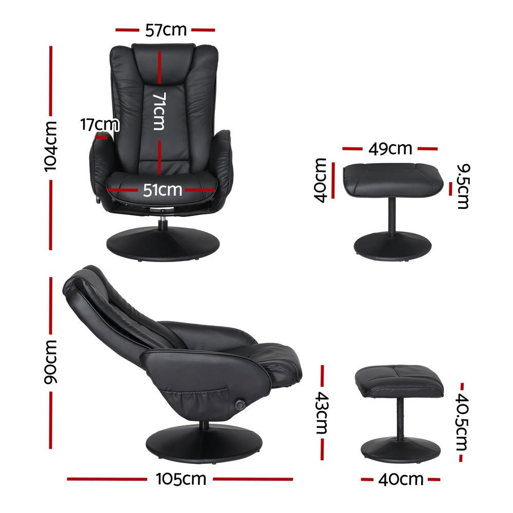 2X Recliner Chair Ottoman Heated Massage Black - Furniture > Bar Stools & Chairs > Arm Chairs & Recliners - Rivercity House & Home Co. (ABN 18 642 972 209) - Affordable Modern Furniture Australia