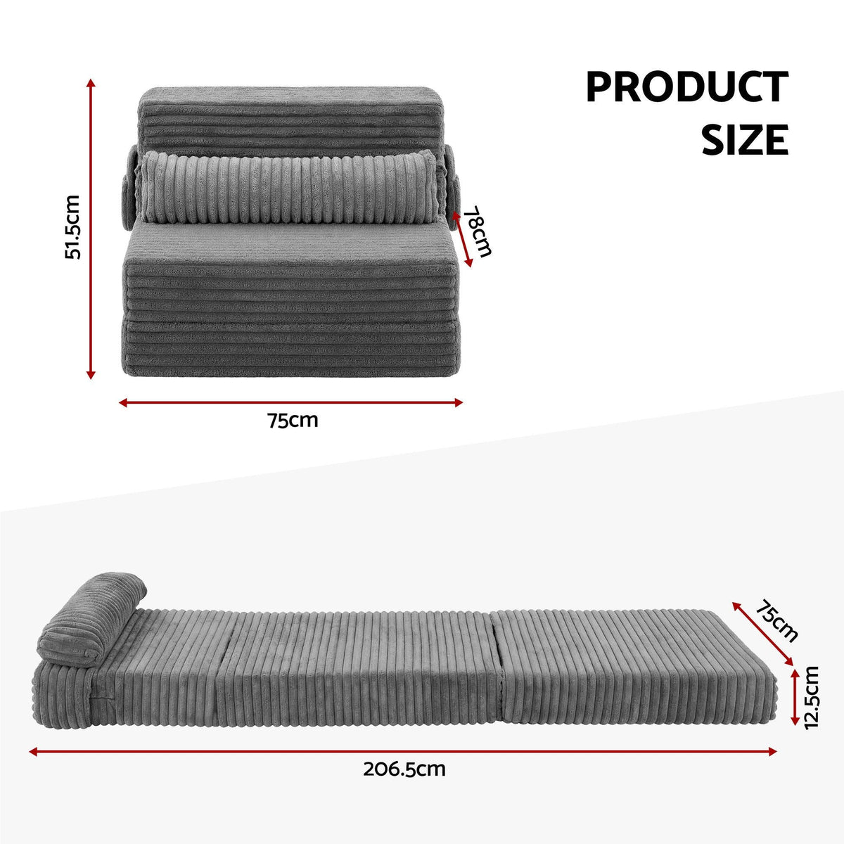 3-in-1 Folding Sofa Bed Armless Lounger Chair with Side Pocket and Pillow - Grey - Furniture > Sofas > Sofas & Sofa Beds - Rivercity House & Home Co. (ABN 18 642 972 209) - Affordable Modern Furniture Australia