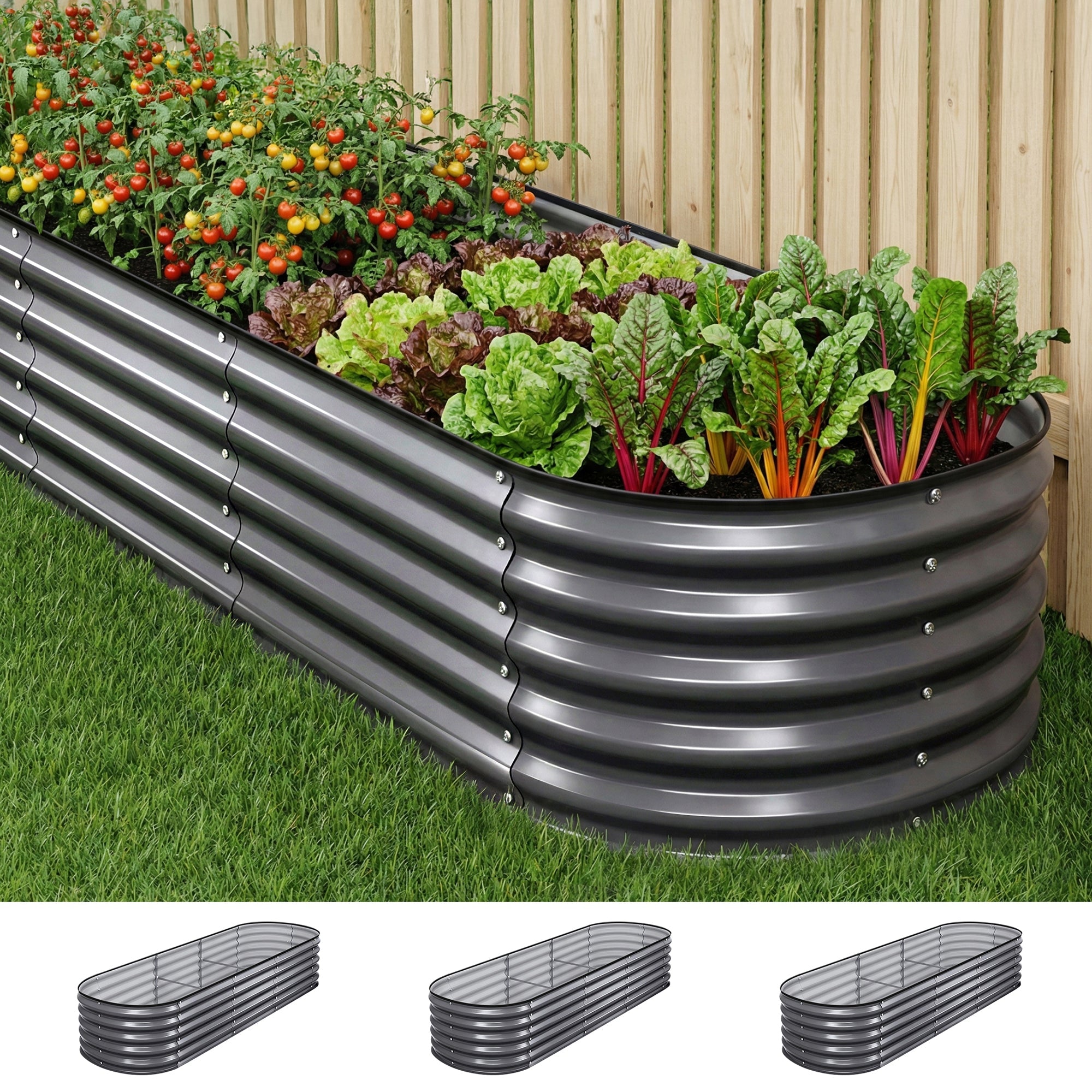 3 Pcs Raised Garden Bed Kit Oval Galvanized Steel Planter Boxes 240x80x42cm, Heavy Duty Metal Elevated Garden Bed for Vegetables Flowers Herbs, with Safety Edging, Gloves & Pegs Included - Home & Garden > Garden Beds > Garden Beds & Planters - Rivercity House & Home Co. (ABN 18 642 972 209) - Affordable Modern Furniture Australia