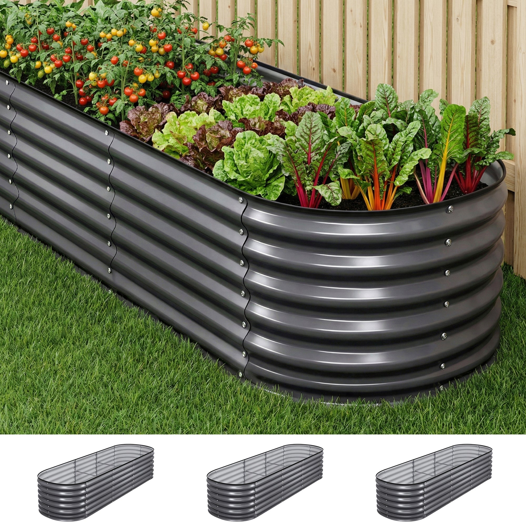 3 Pcs Raised Garden Bed Kit Oval Galvanized Steel Planter Boxes 240x80x56cm, Heavy Duty Metal Elevated Garden Bed for Vegetables Flowers Herbs, with Safety Edging, Gloves & Pegs Included - Home & Garden > Garden Beds > Garden Beds & Planters - Rivercity House & Home Co. (ABN 18 642 972 209) - Affordable Modern Furniture Australia