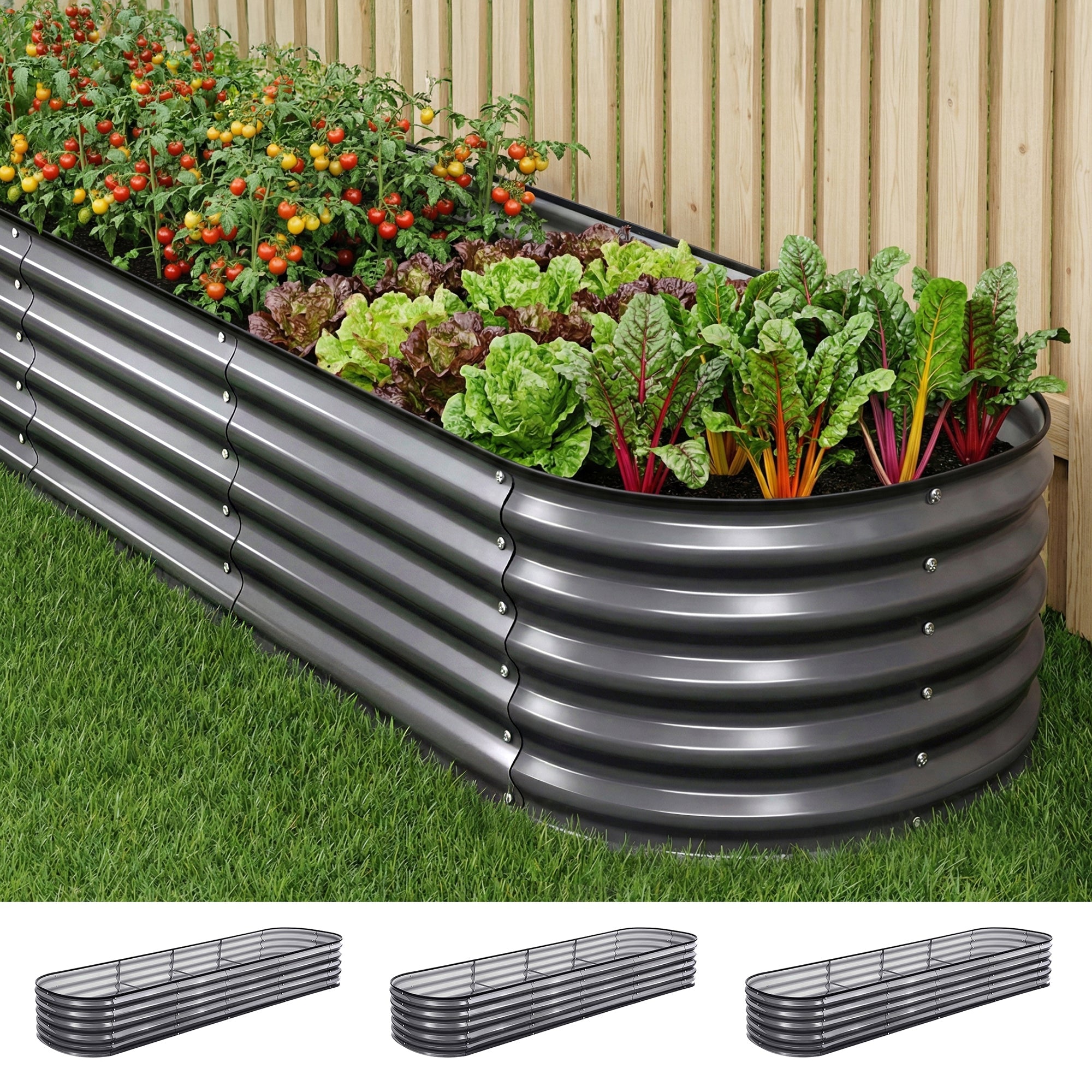 3 Pcs Raised Garden Bed Kit Oval Galvanized Steel Planter Boxes 320x80x42cm, Heavy Duty Metal Elevated Garden Bed for Vegetables Flowers Herbs, with Safety Edging, Gloves & Pegs Included - Home & Garden > Garden Beds > Garden Beds & Planters - Rivercity House & Home Co. (ABN 18 642 972 209) - Affordable Modern Furniture Australia