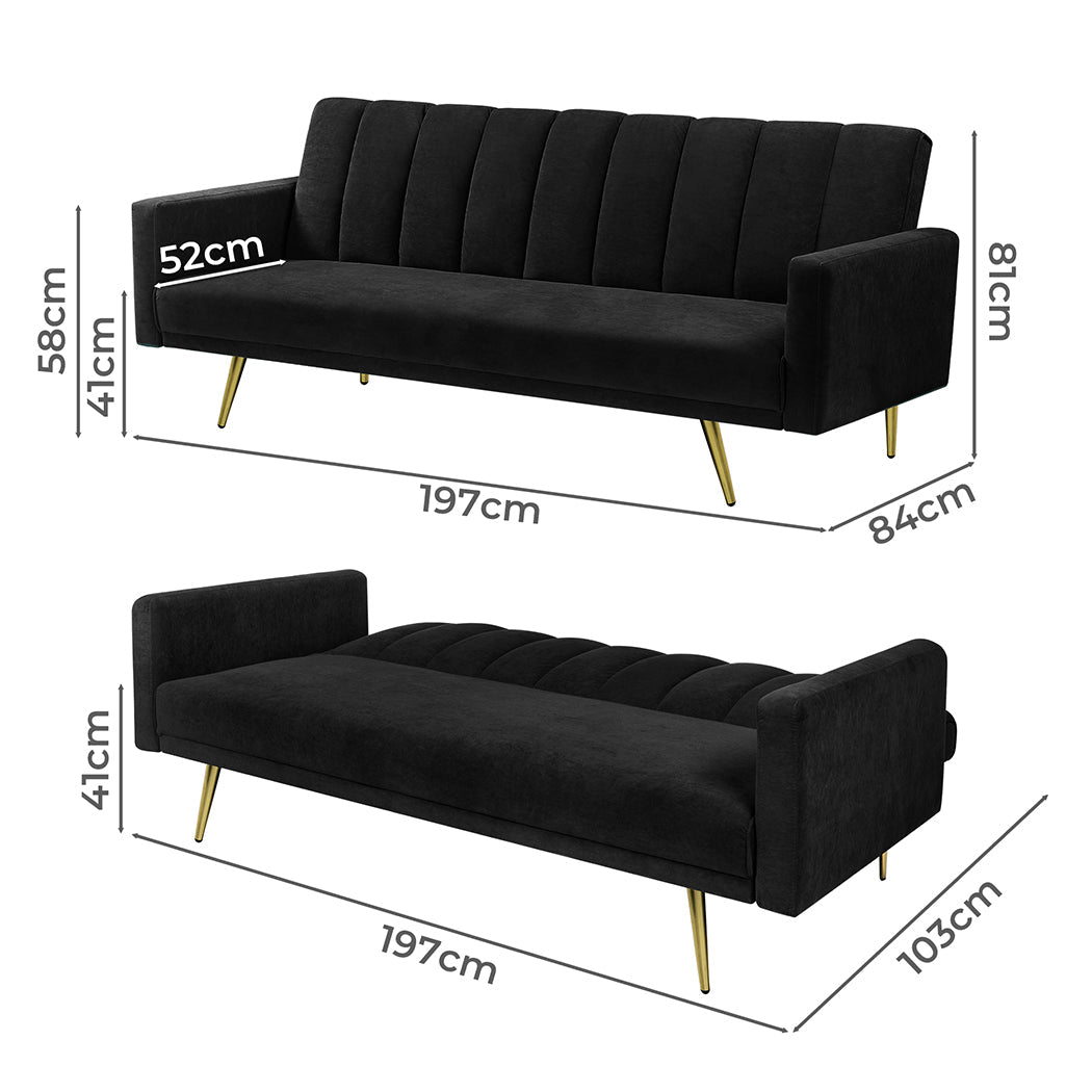 3 - Seater Convertible Velvet Sofa Bed Recliner Lounge Sleeper - Black - Rivercity House & Home Co. (ABN 18 642 972 209) - Affordable Modern Furniture Australia