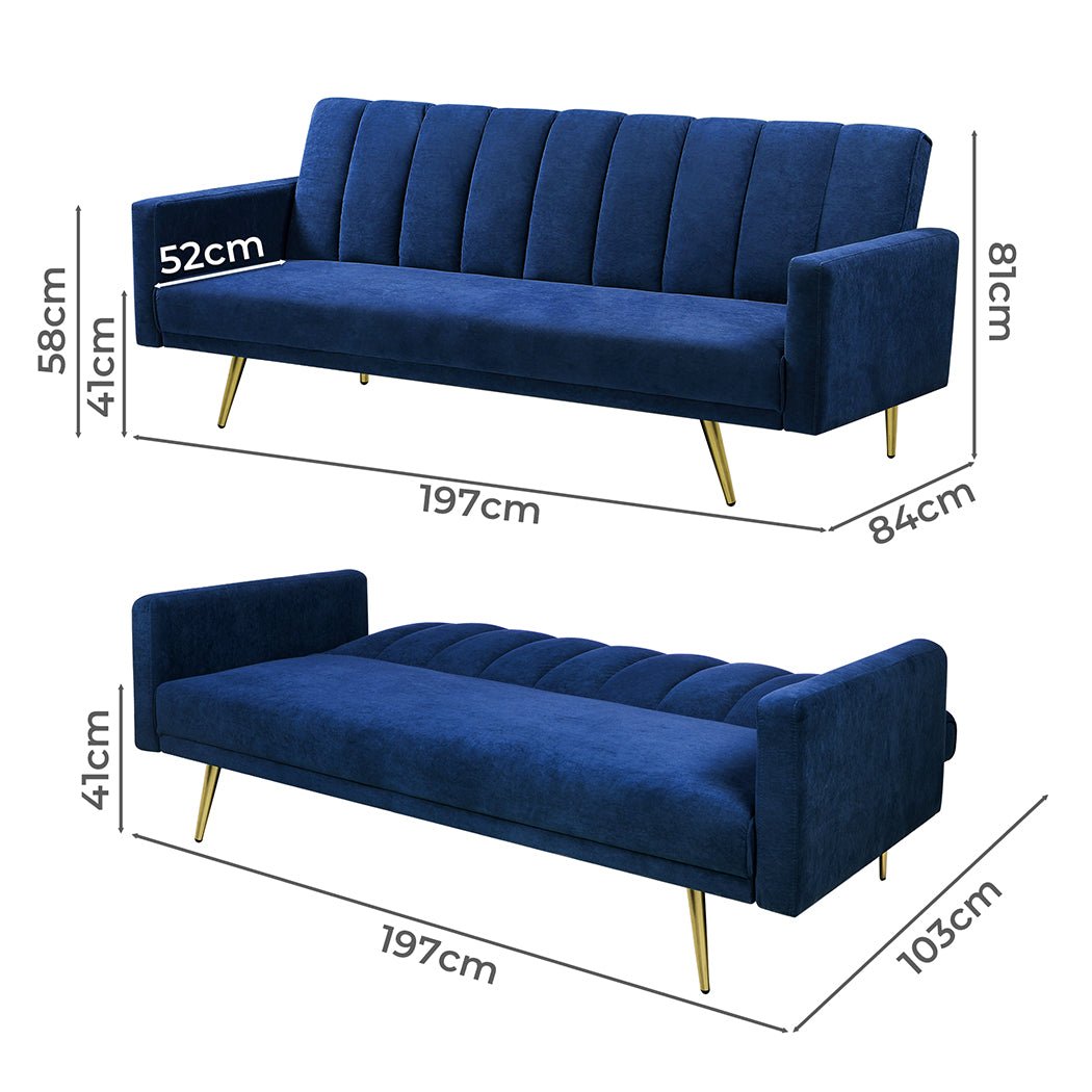3 - Seater Convertible Velvet Sofa Bed Recliner Lounge Sleeper - Blue - Rivercity House & Home Co. (ABN 18 642 972 209) - Affordable Modern Furniture Australia