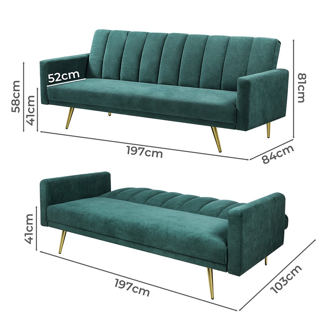 3 - Seater Convertible Velvet Sofa Bed Recliner Lounge Sleeper - Green - Rivercity House & Home Co. (ABN 18 642 972 209) - Affordable Modern Furniture Australia